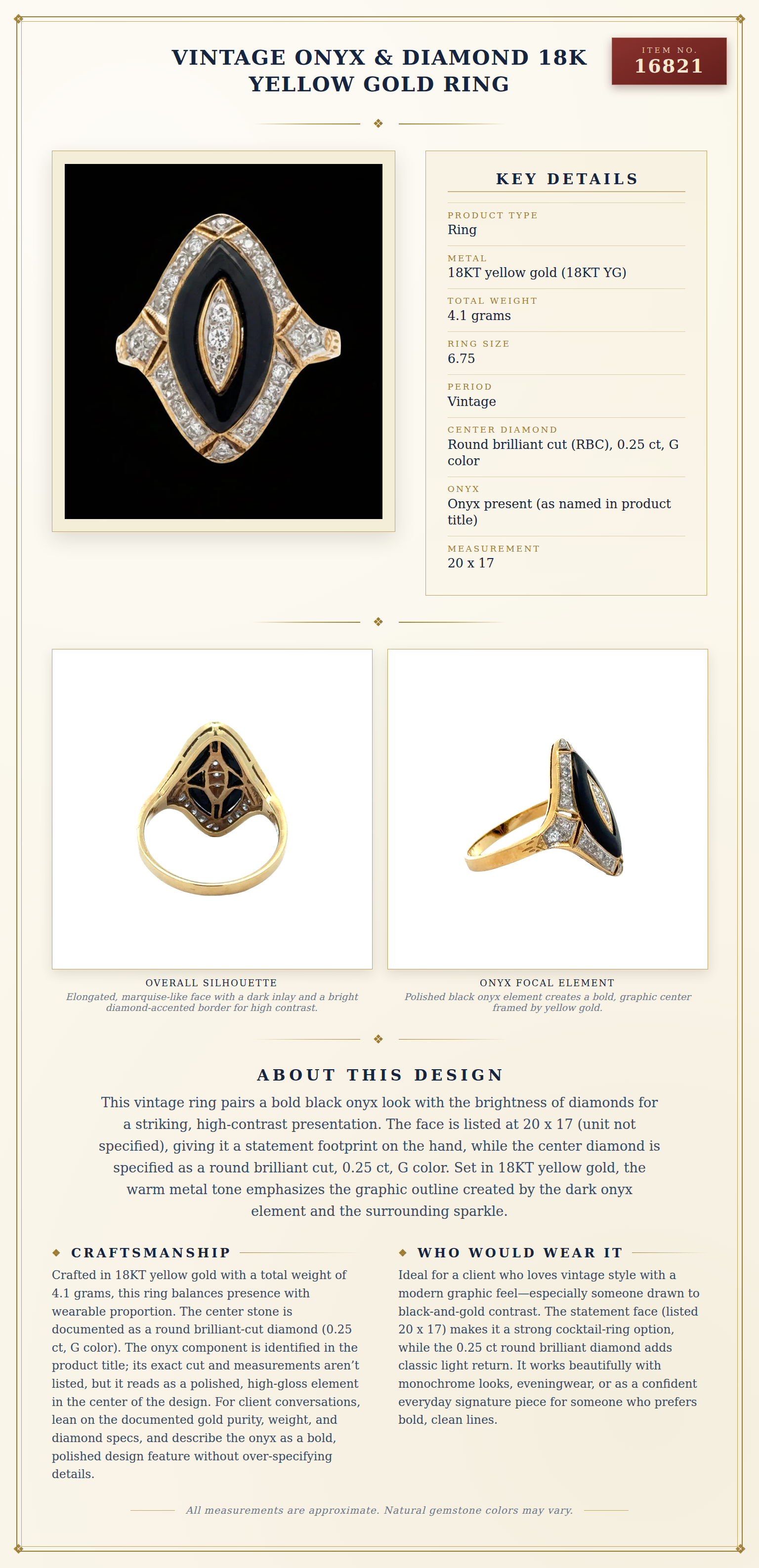 Vintage Onyx & Diamond 18K  Yellow Gold Ring — anatomy card