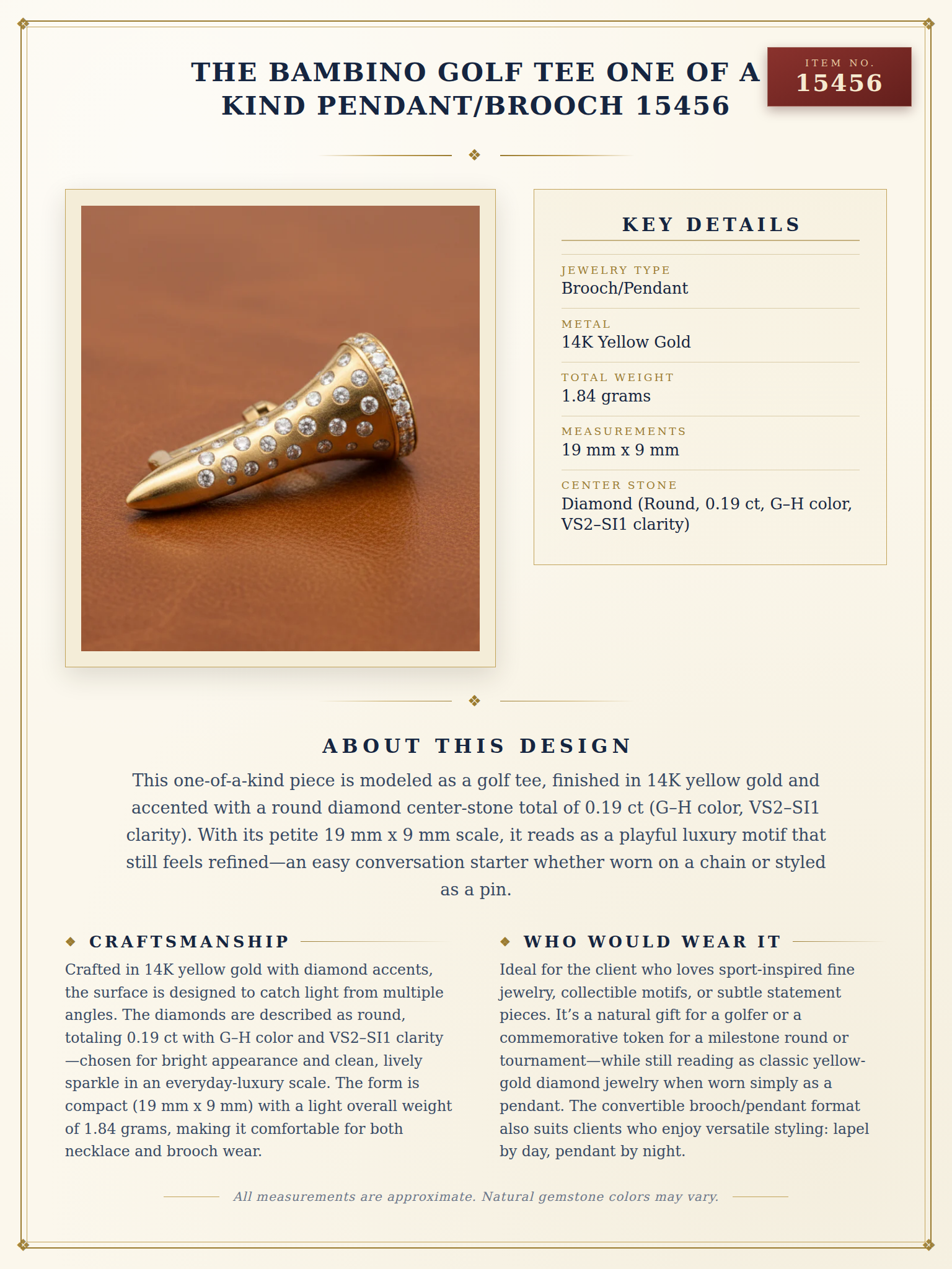 The Bambino Golf Tee One of a Kind Pendant/Brooch 15456 — anatomy card