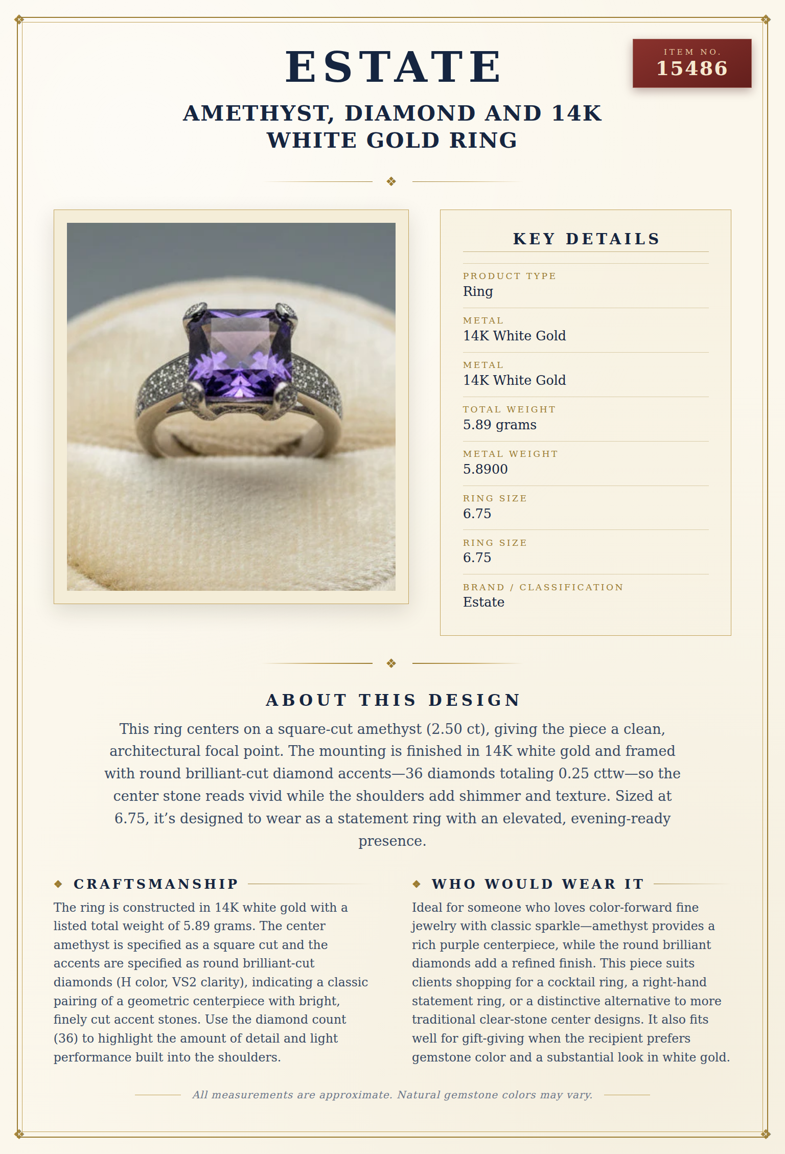 Amethyst, Diamond and 14K White Gold Ring — anatomy card
