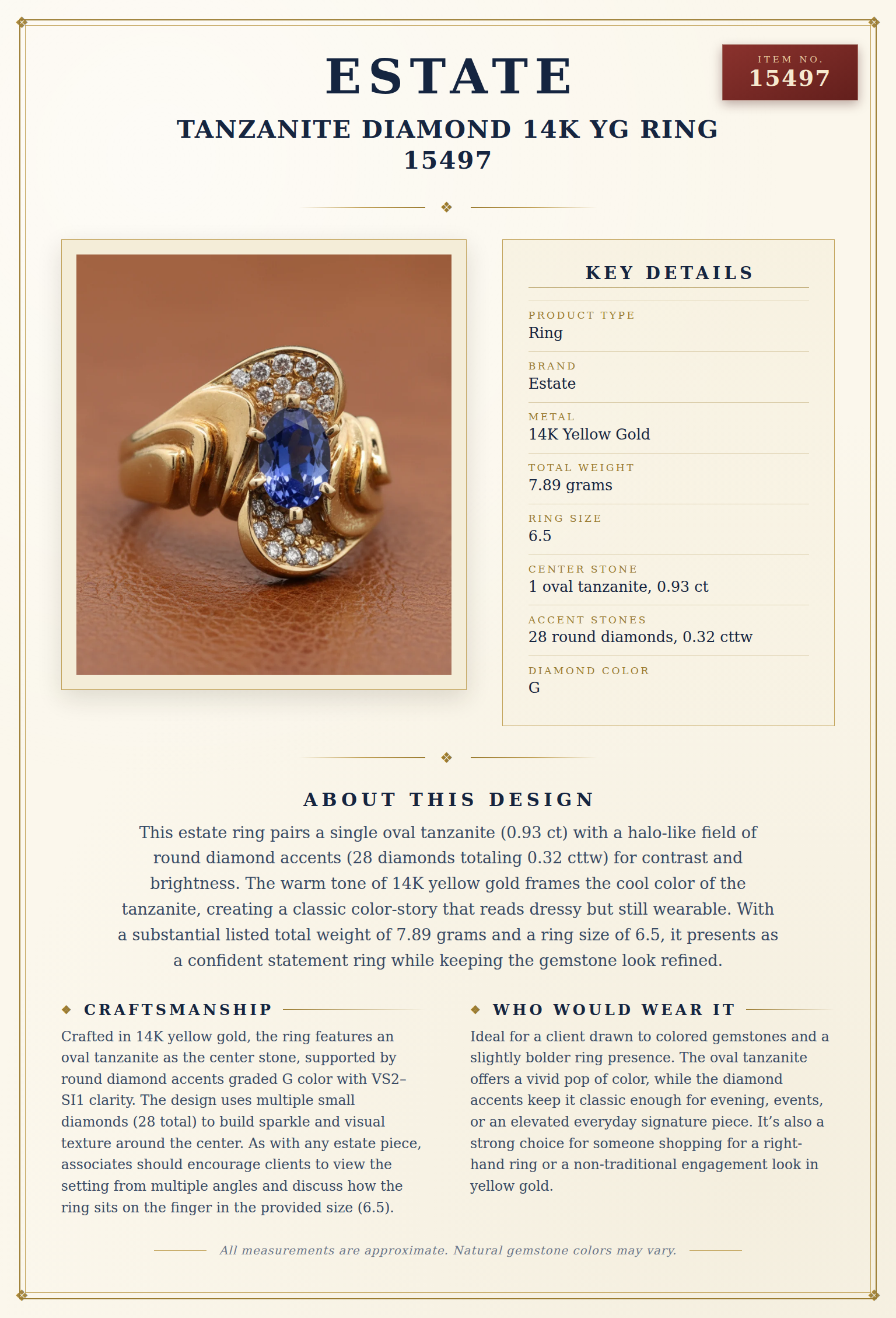 Estate Tanzanite Diamond 14K YG Ring 15497 — anatomy card