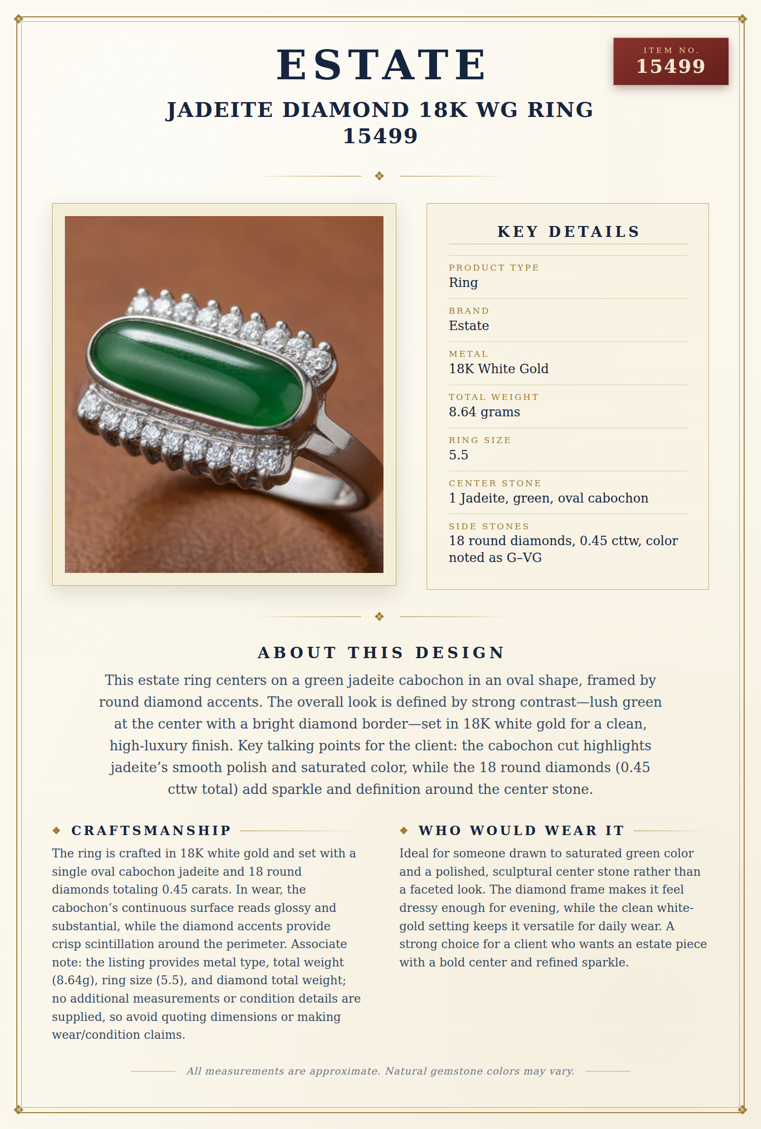 Estate Jadeite Diamond 18K WG Ring 15499 — anatomy card