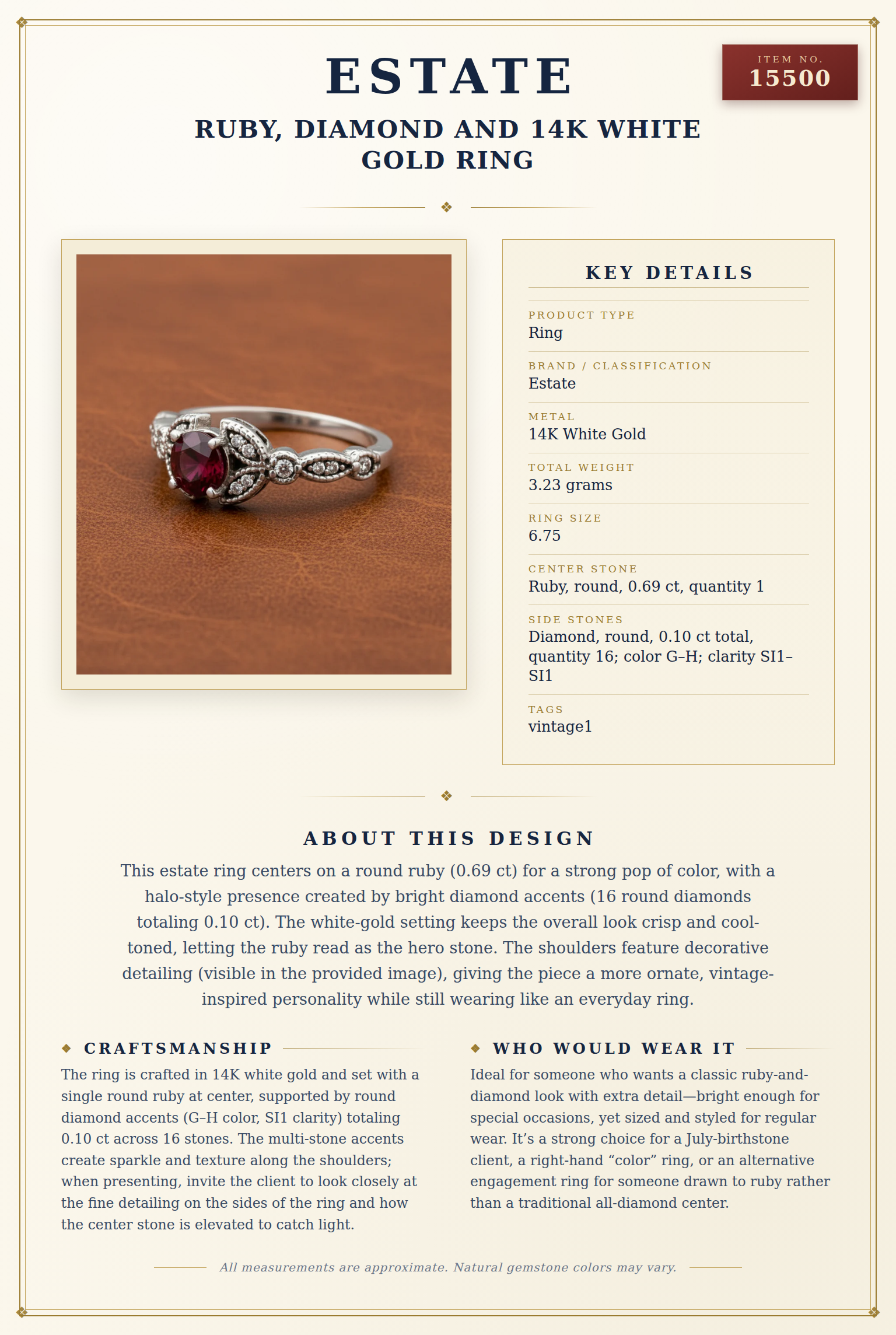Ruby, Diamond and 14K White Gold Ring — anatomy card