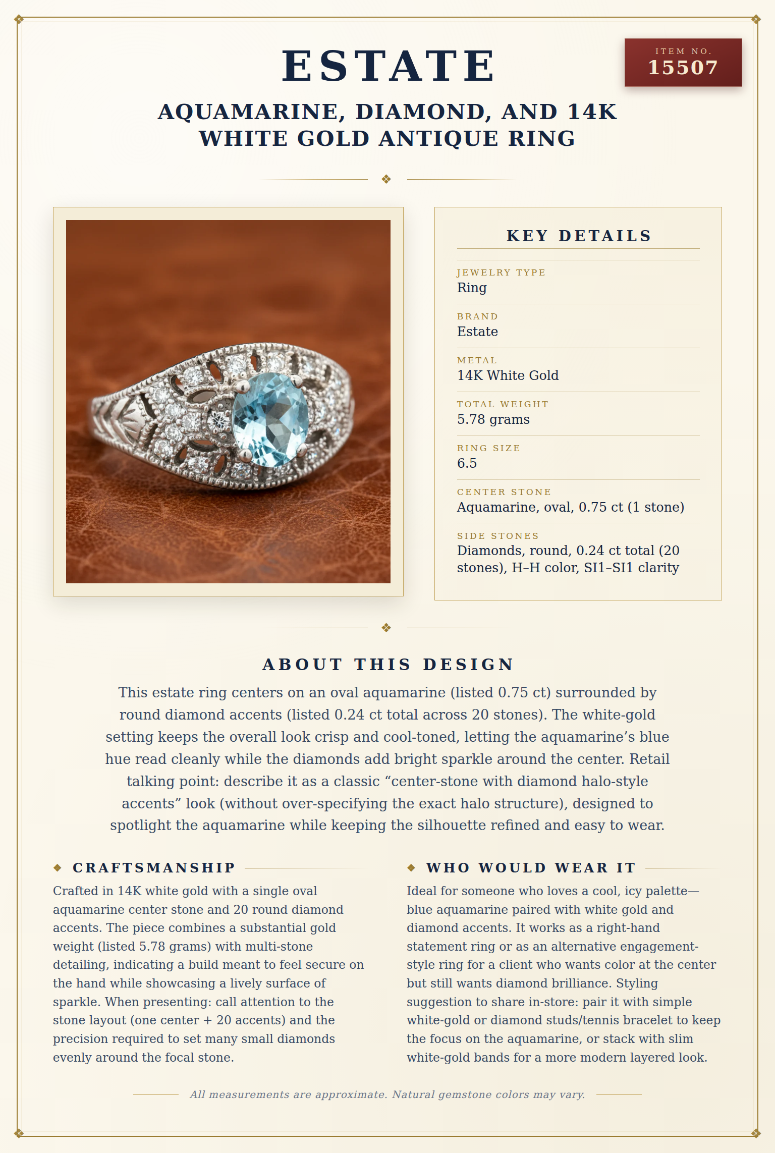 Aquamarine, Diamond,  and 14K White Gold Antique Ring — anatomy card