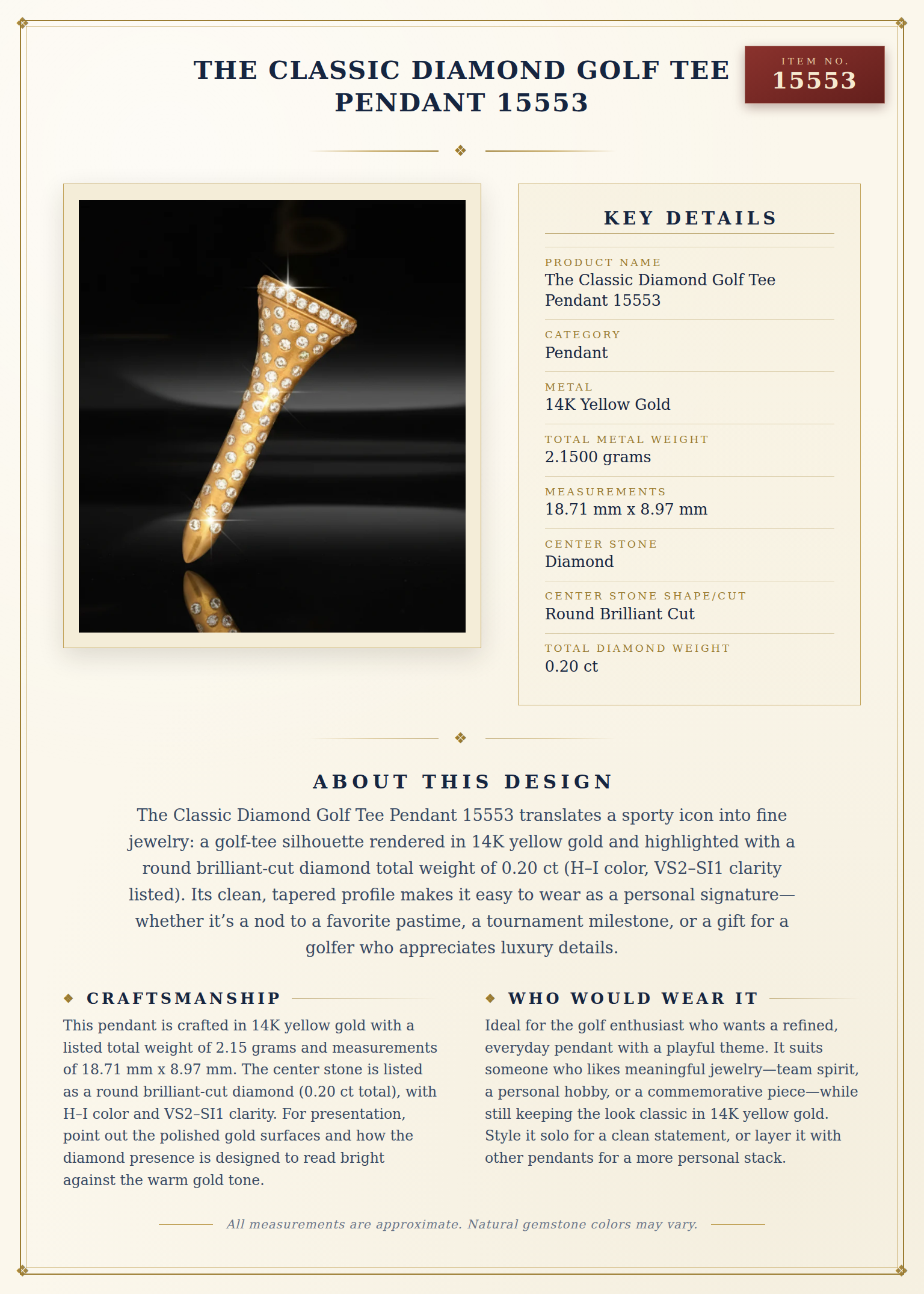 The Classic Diamond Golf Tee Pendant 15553 — anatomy card