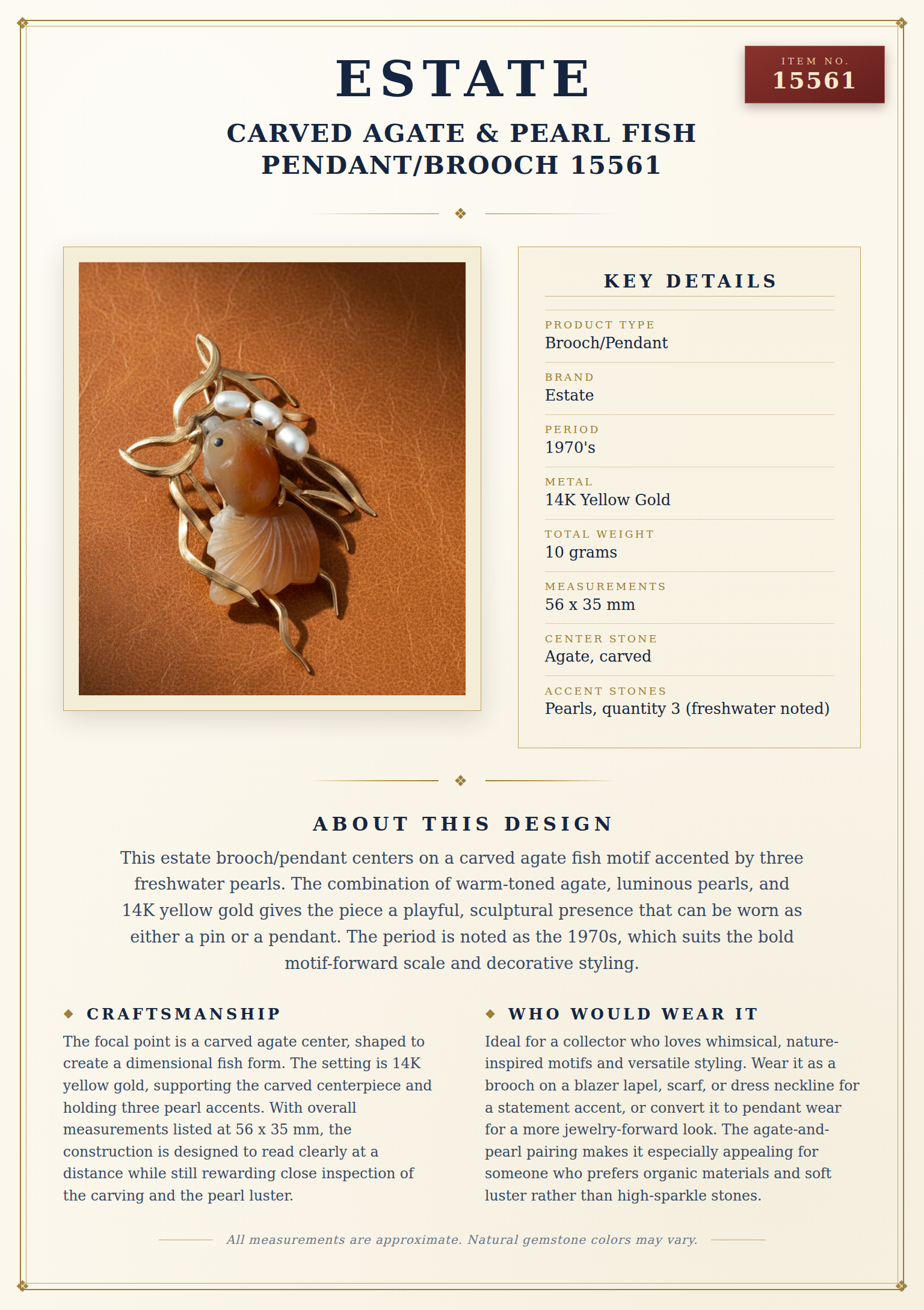 Estate Carved Agate & Pearl Fish Pendant/Brooch 15561 — anatomy card