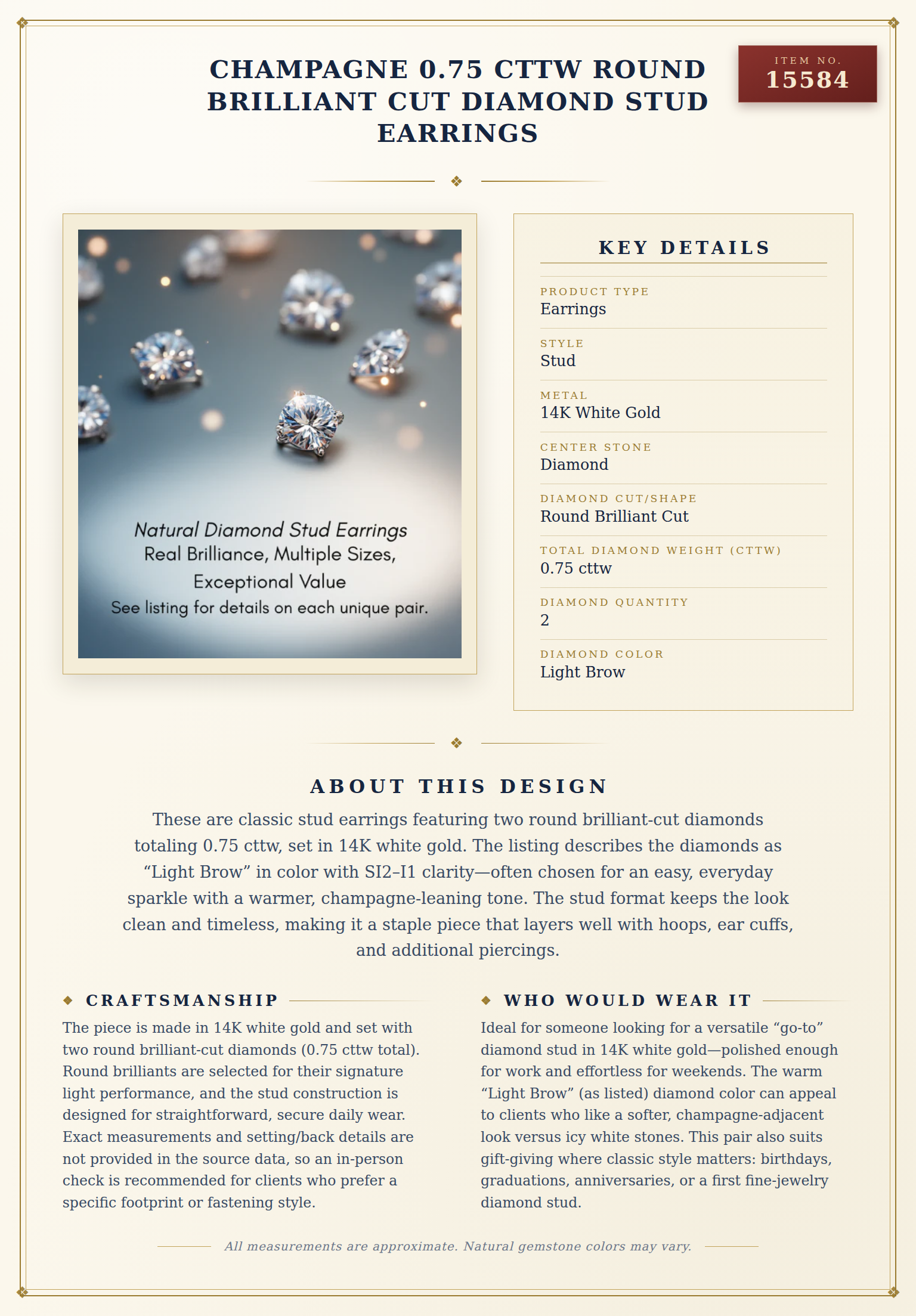 Champagne 0.75 cttw Round Brilliant Cut Diamond Stud Earrings — anatomy card