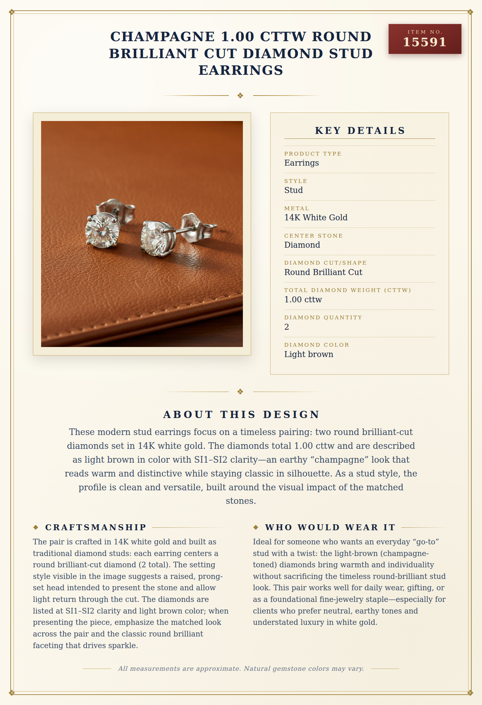 Champagne 1.00 cttw Round Brilliant Cut Diamond Stud Earrings — anatomy card