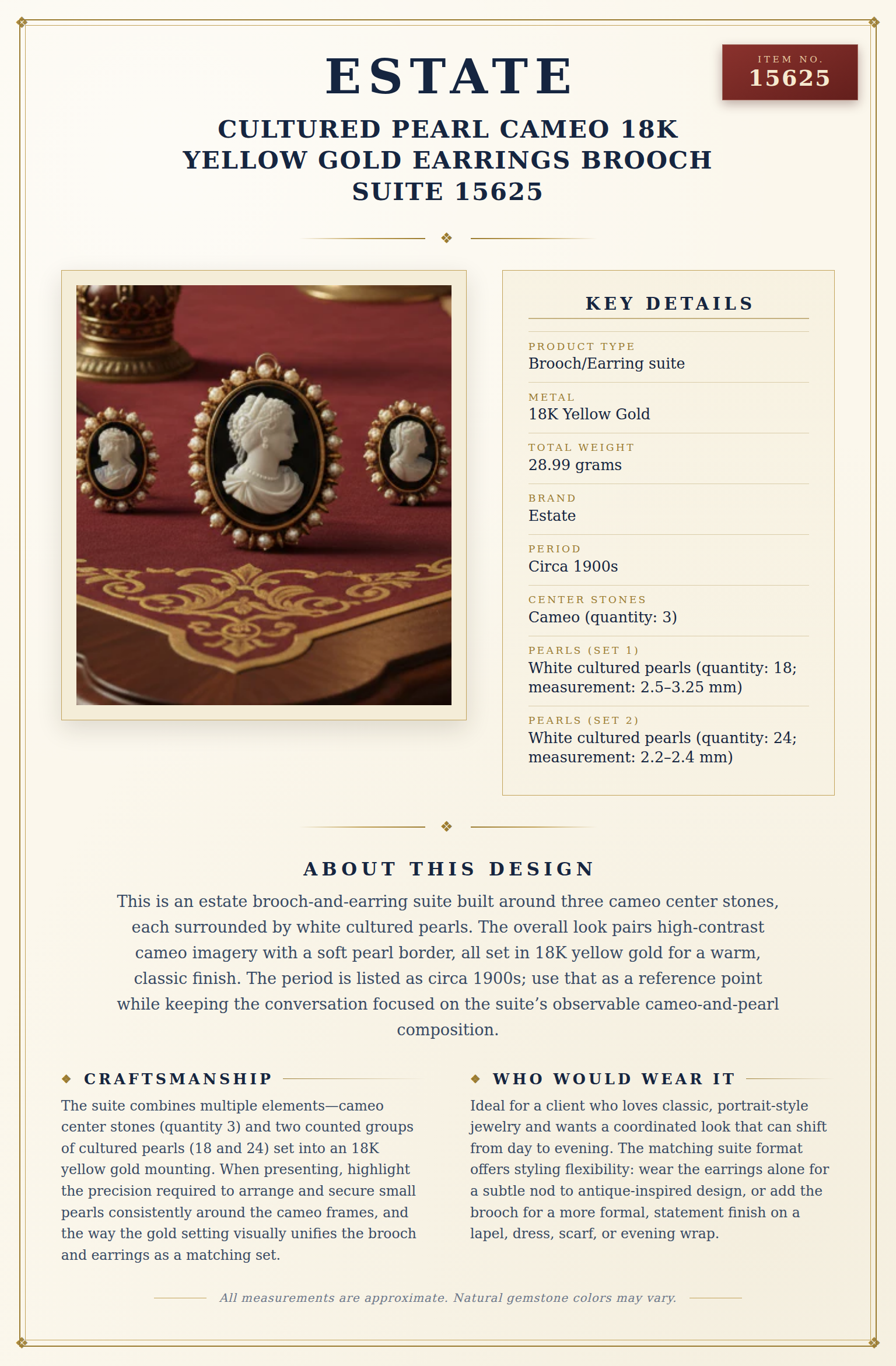 Estate Cultured Pearl Cameo 18K Yellow Gold Earrings Brooch Suite 15625 — anatomy card