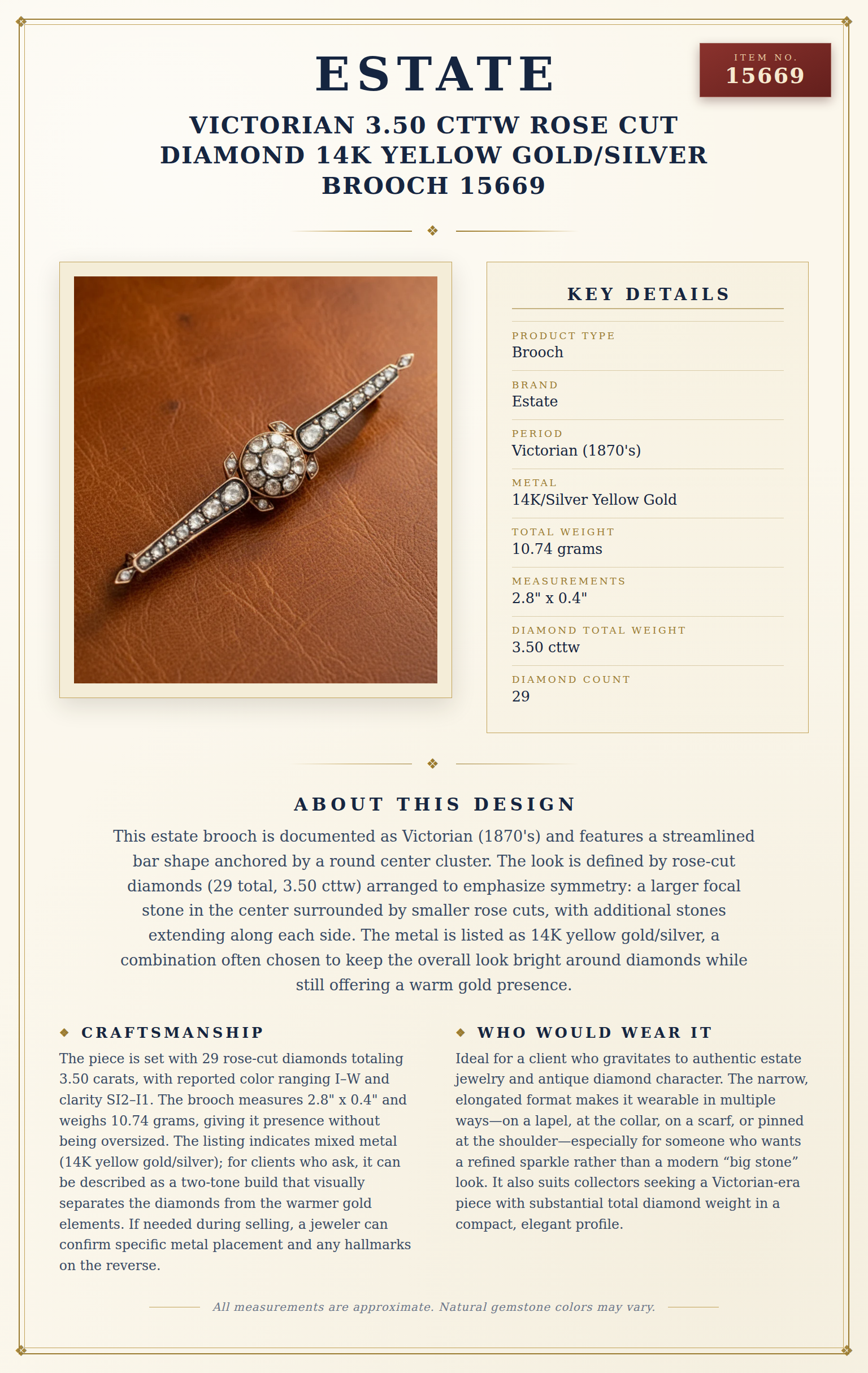 Estate Victorian 3.50 cttw Rose Cut Diamond 14K Yellow Gold/Silver Brooch 15669 — anatomy card