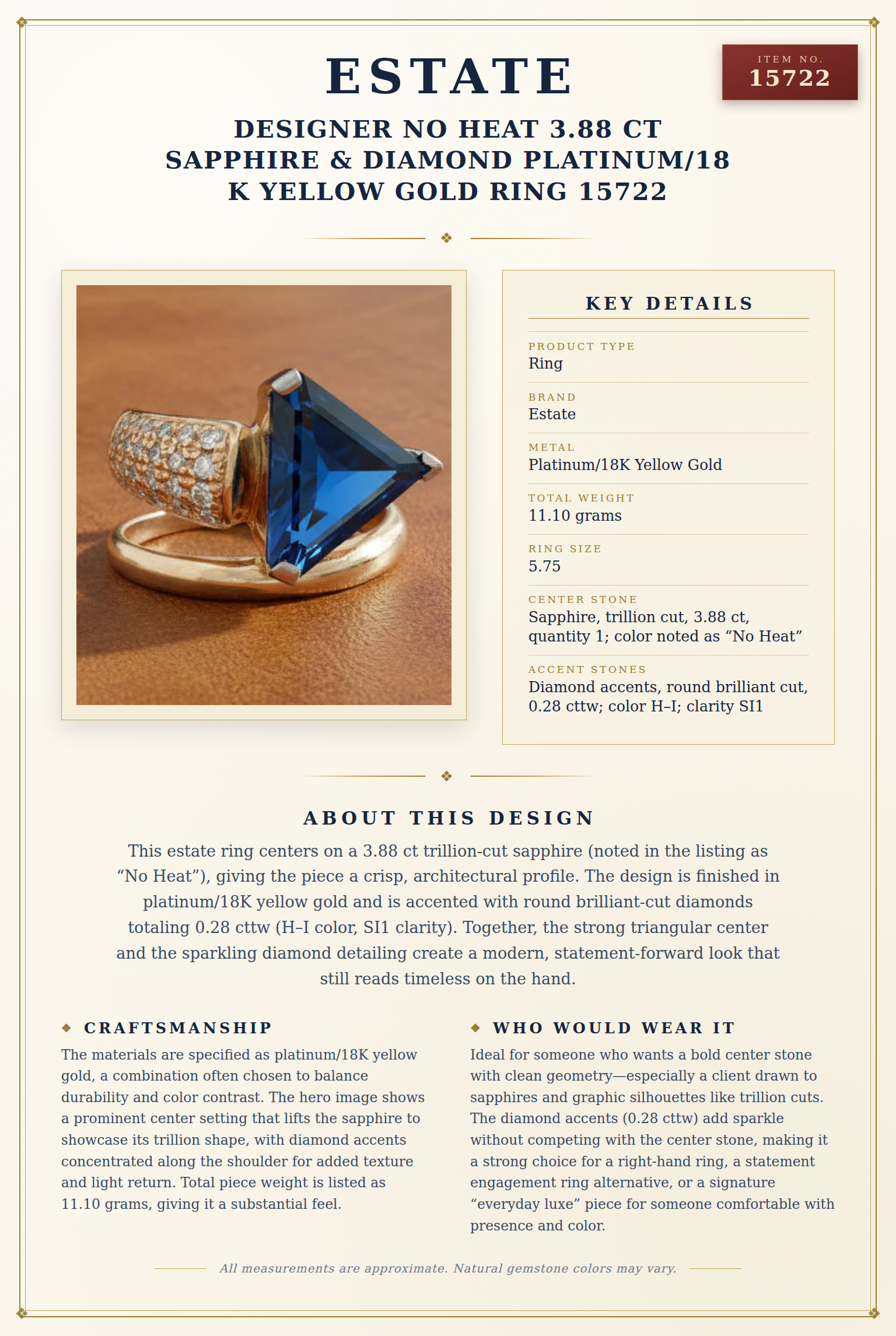Estate Designer No Heat 3.88 ct Sapphire & Diamond Platinum/18 K Yellow Gold Ring 15722 — anatomy card