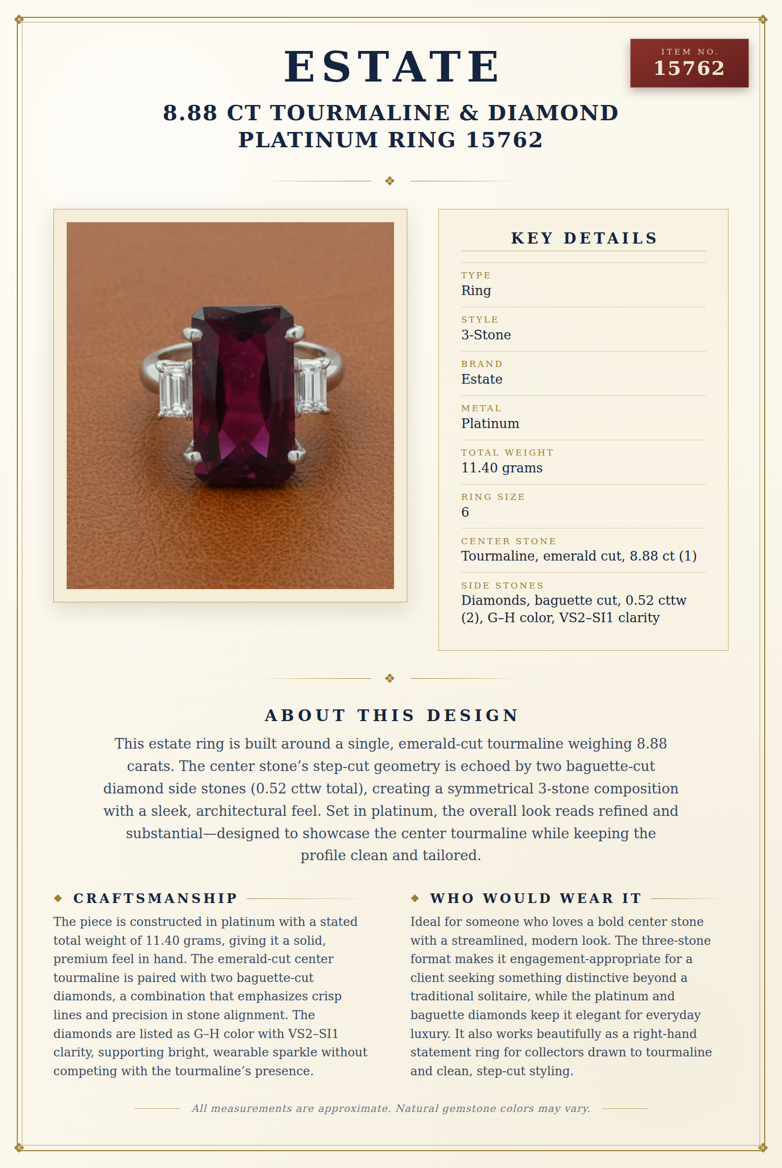 Estate 8.88 ct Tourmaline & Diamond Platinum Ring 15762 — anatomy card