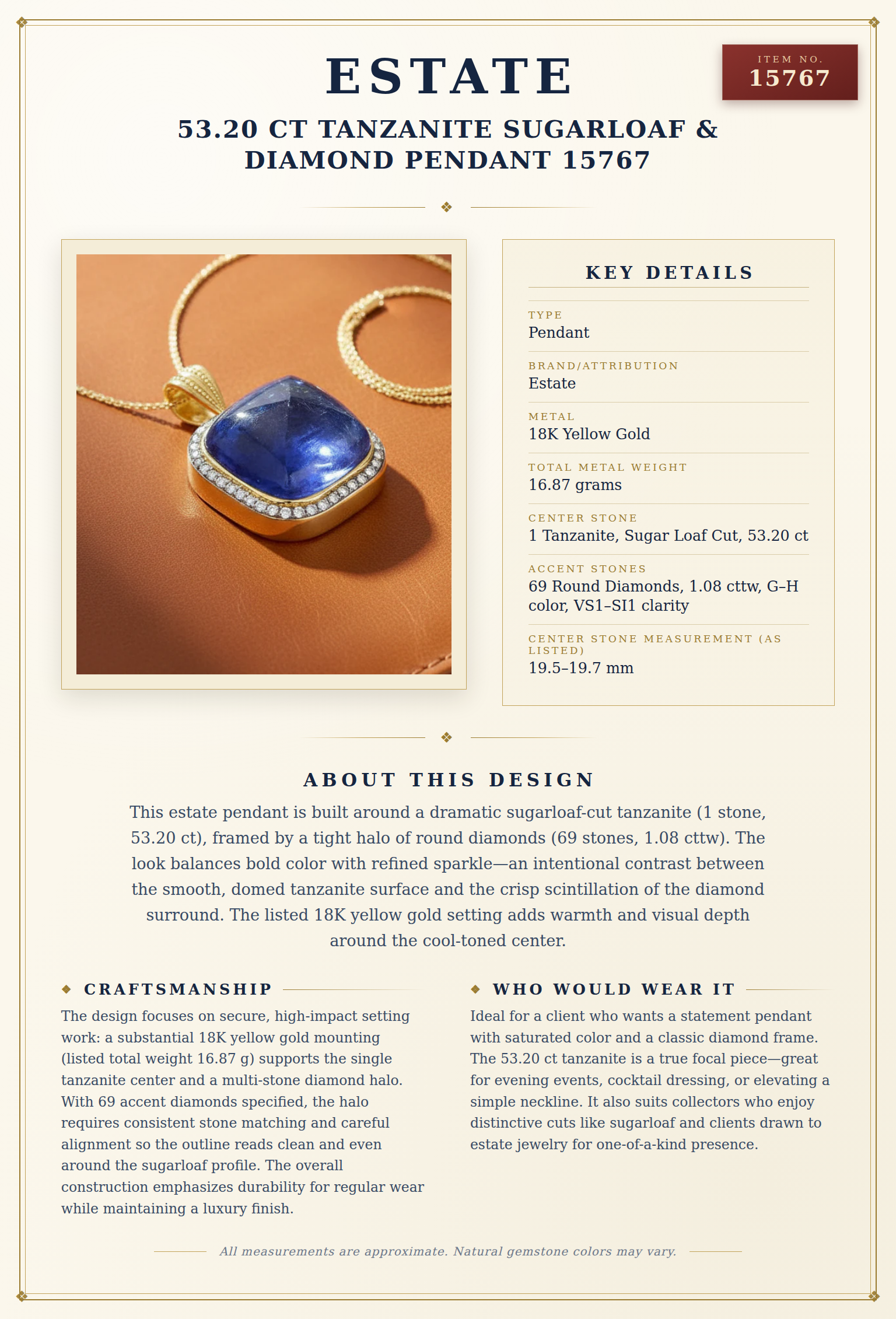 Estate 53.20 ct Tanzanite Sugarloaf & Diamond Pendant 15767 — anatomy card