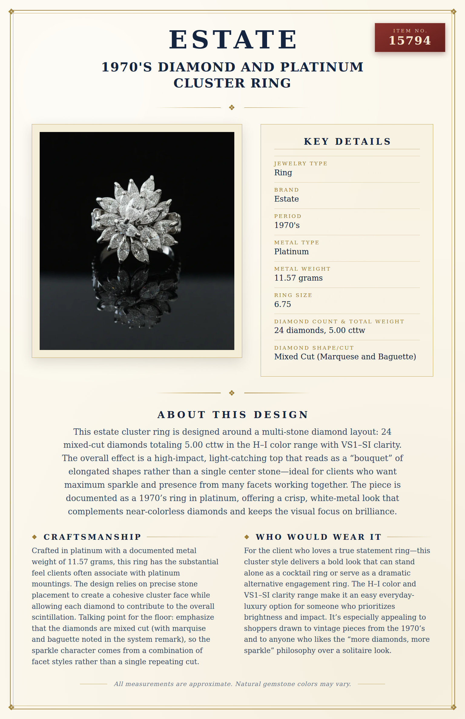 1970's Diamond and Platinum Cluster Ring — anatomy card