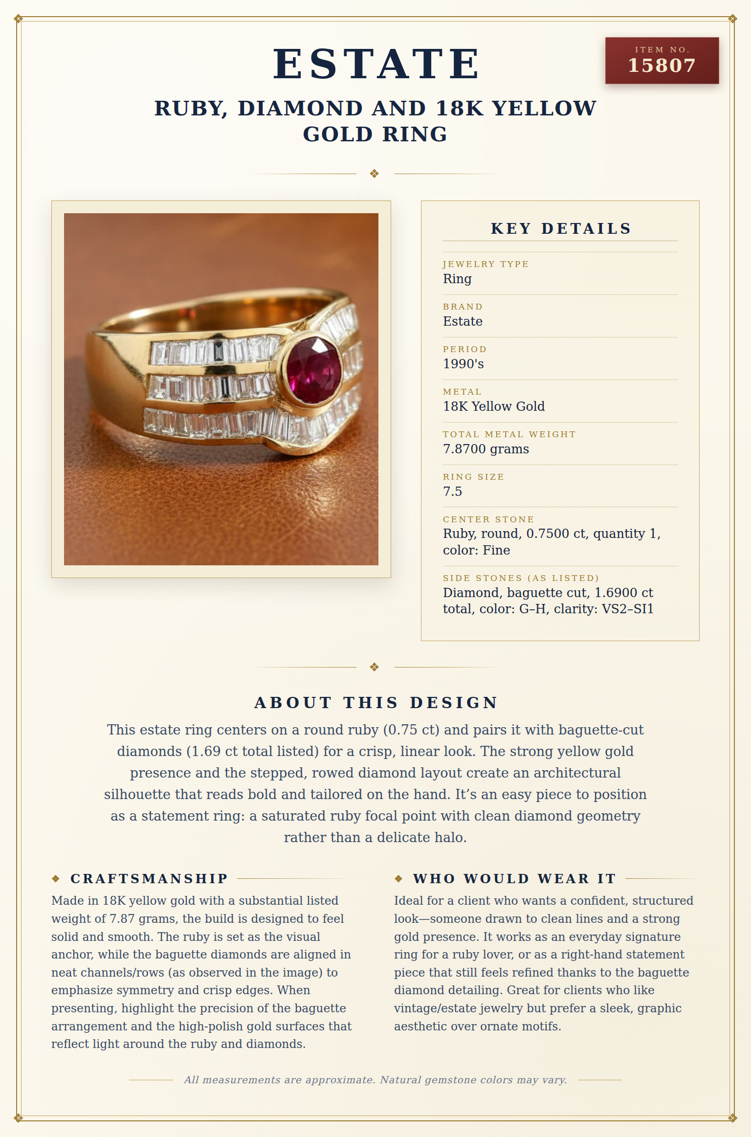 Ruby, Diamond and 18K Yellow Gold Ring — anatomy card