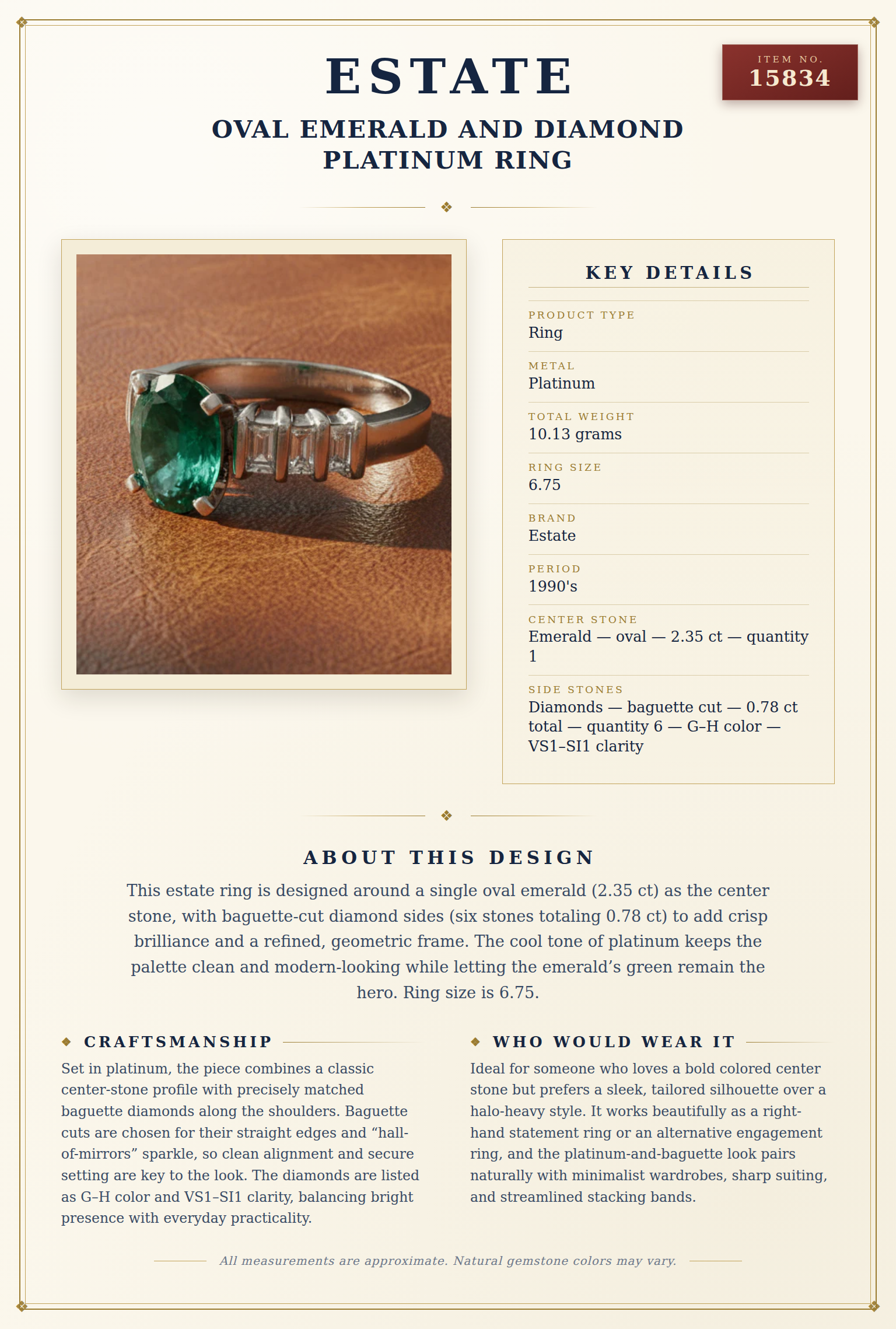 Oval Emerald and Diamond Platinum Ring — anatomy card