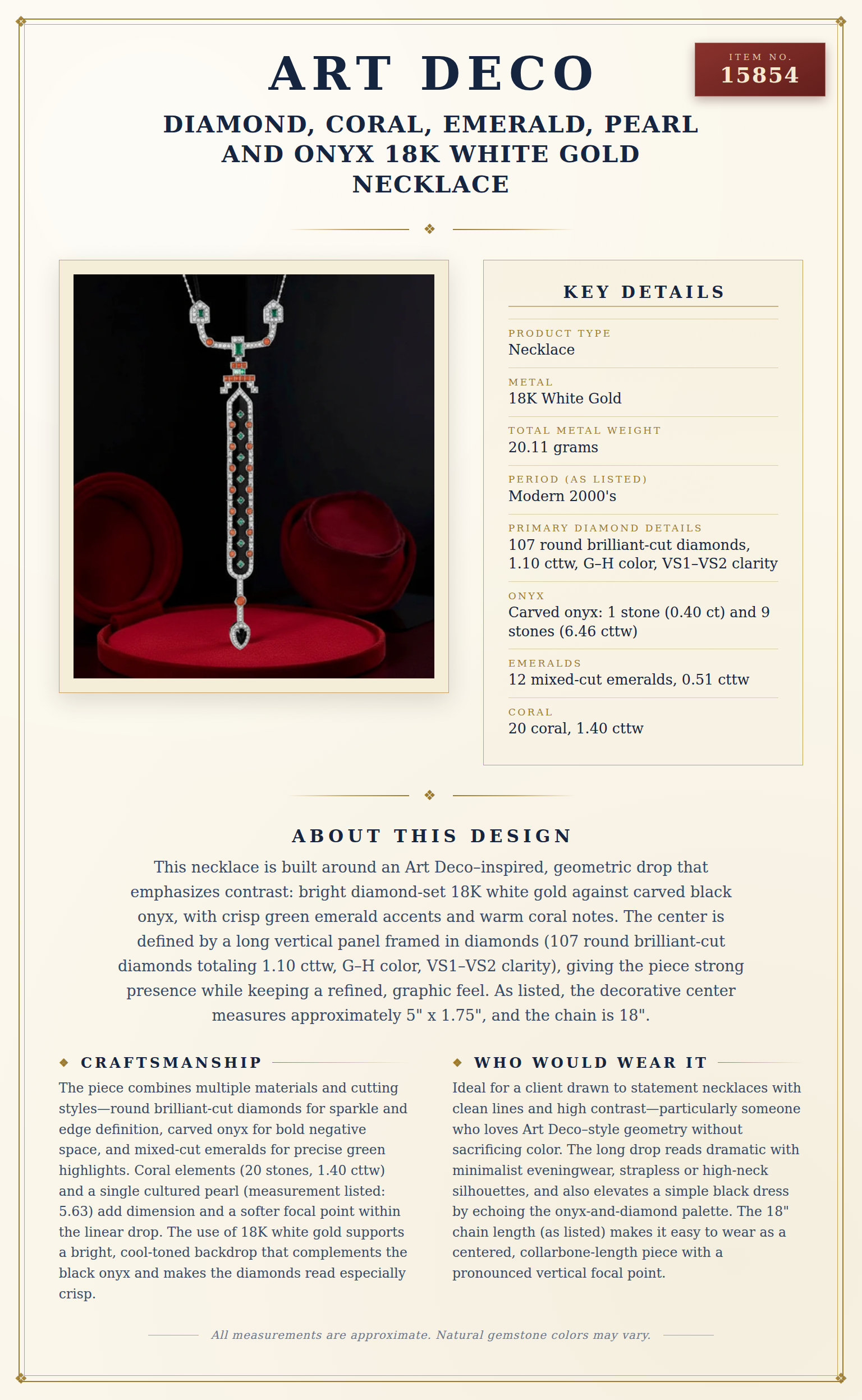 Diamond, Coral, Emerald, Pearl and Onyx 18K White Gold Necklace — anatomy card
