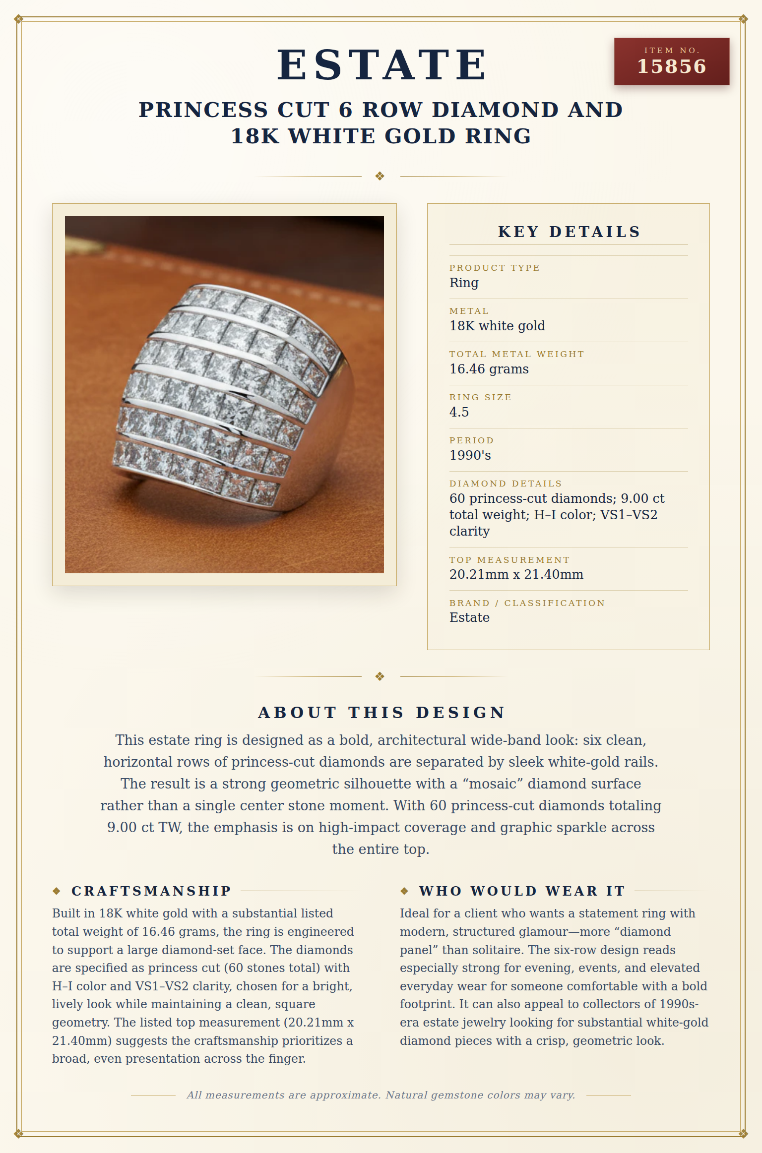 Princess Cut 6 Row Diamond and 18K White Gold Ring — anatomy card