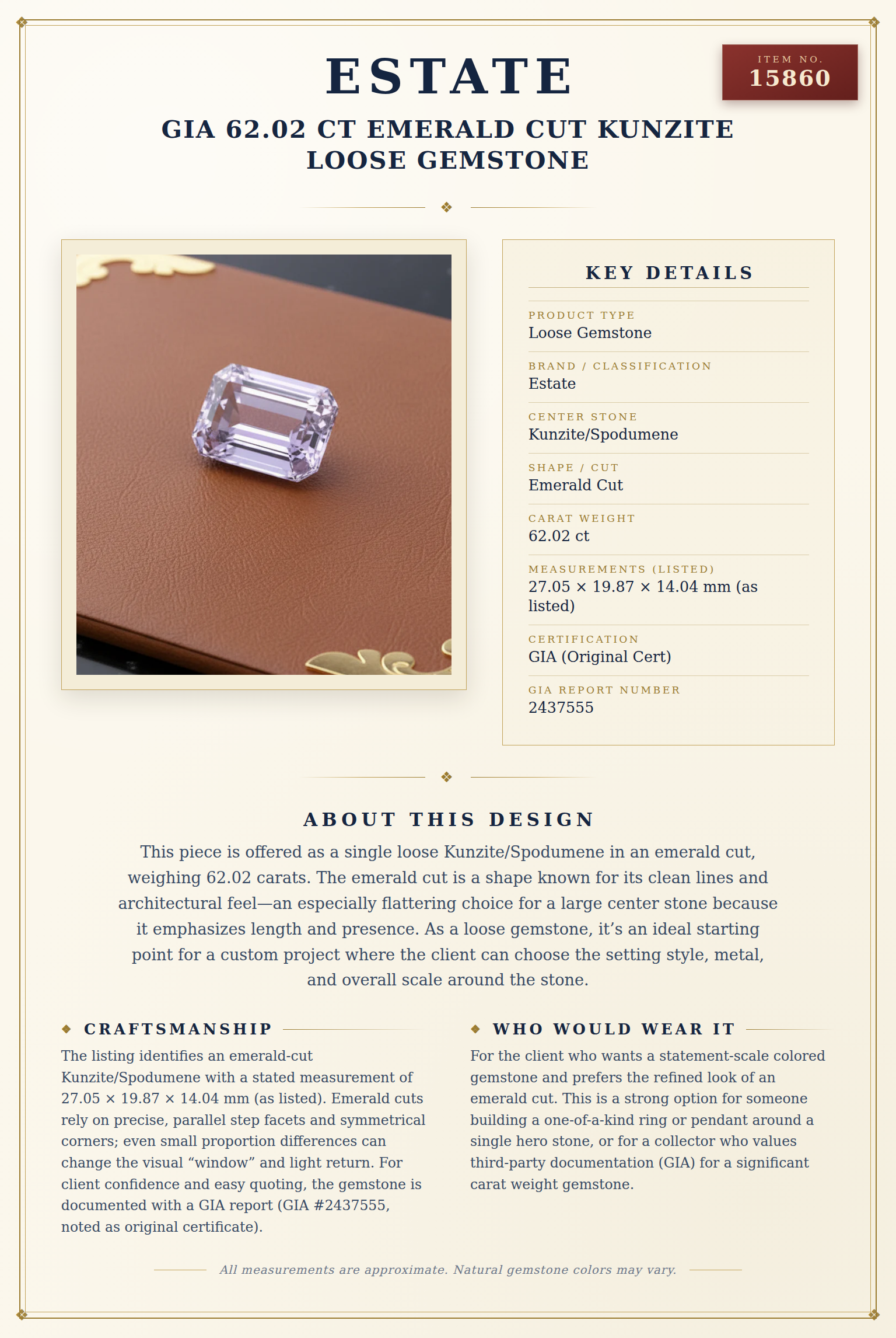 GIA 62.02 ct Emerald Cut Kunzite Loose Gemstone — anatomy card