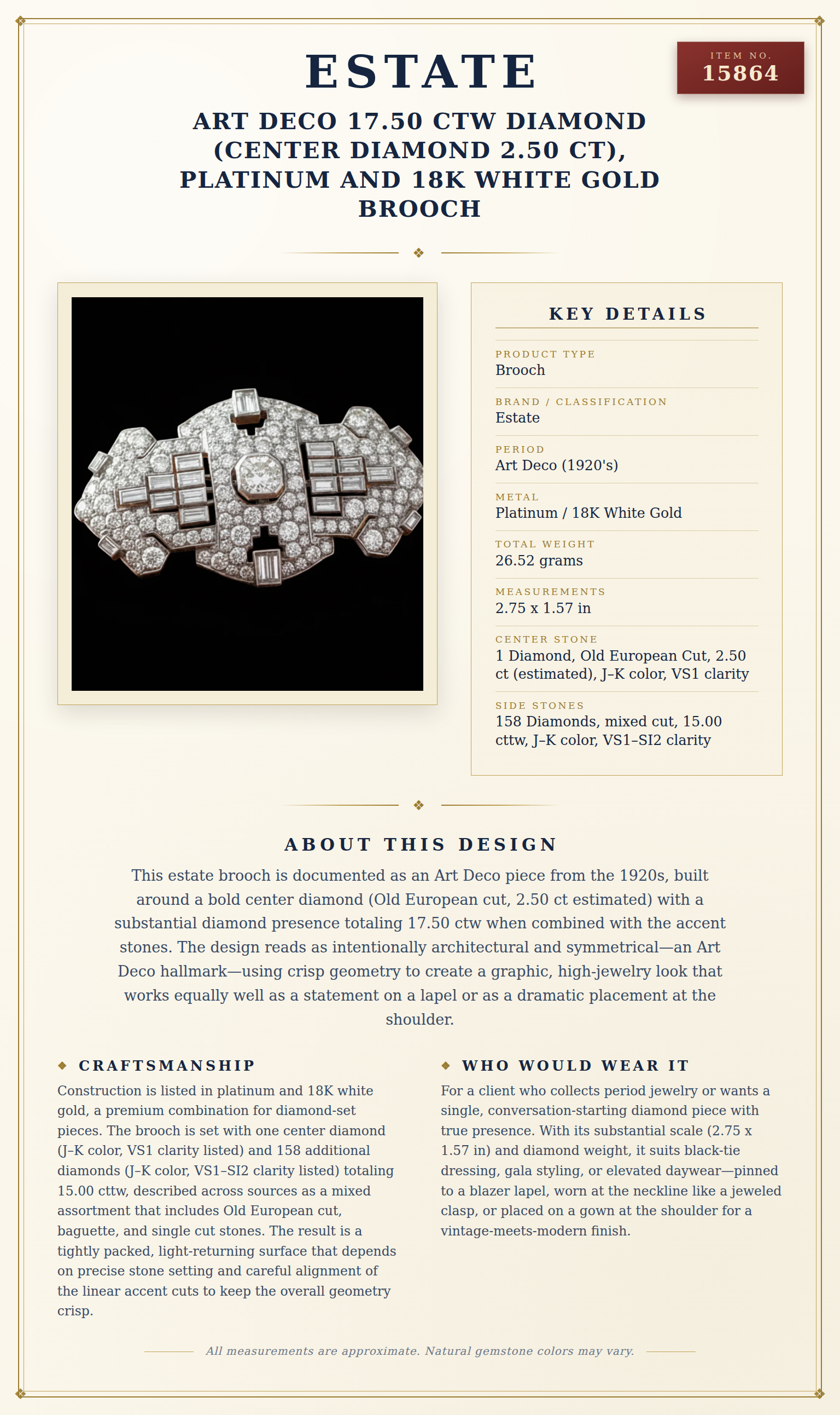 Art Deco 17.50 ctw Diamond (Center Diamond 2.50 ct), Platinum and 18K White Gold Brooch — anatomy card