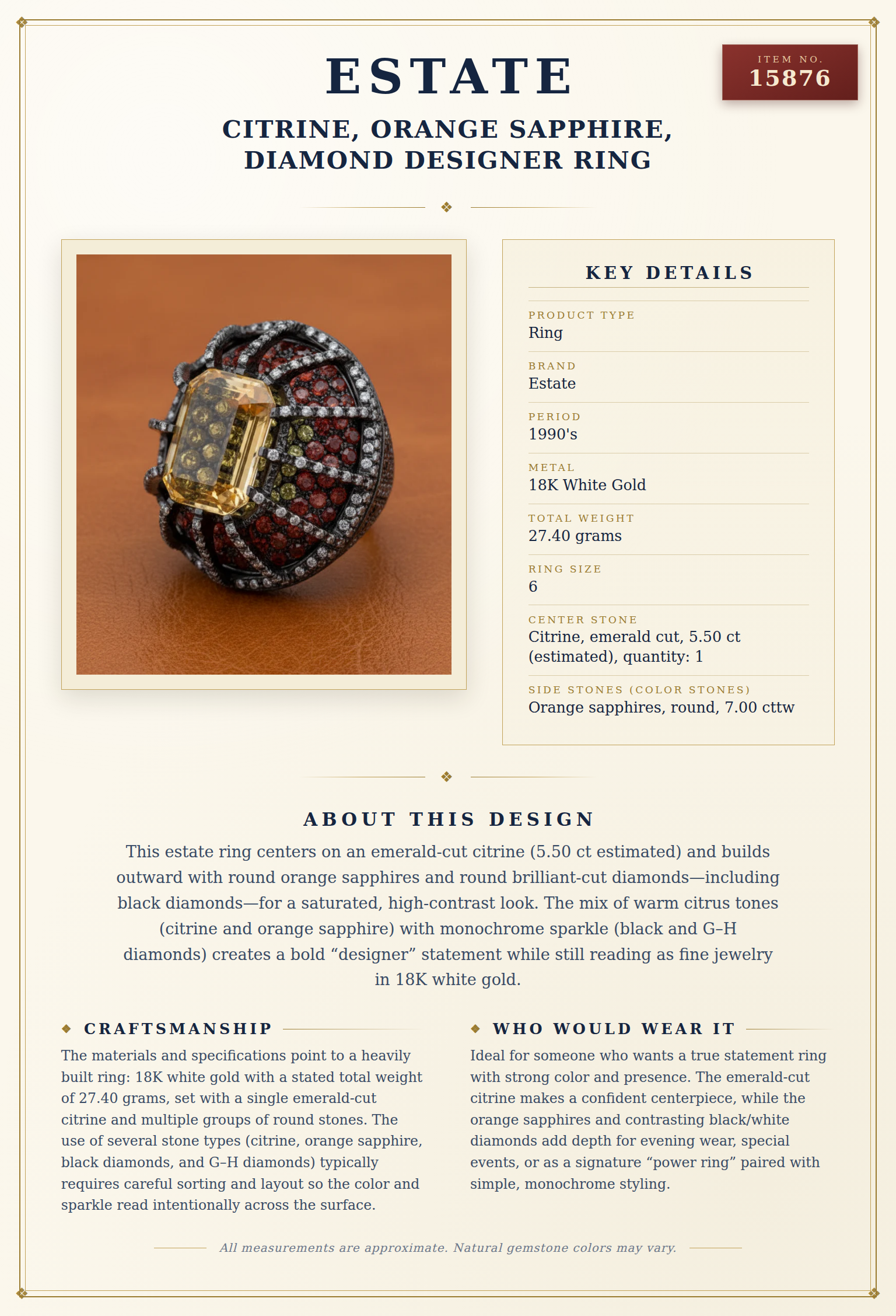 Citrine, Orange Sapphire, Diamond Designer Ring — anatomy card