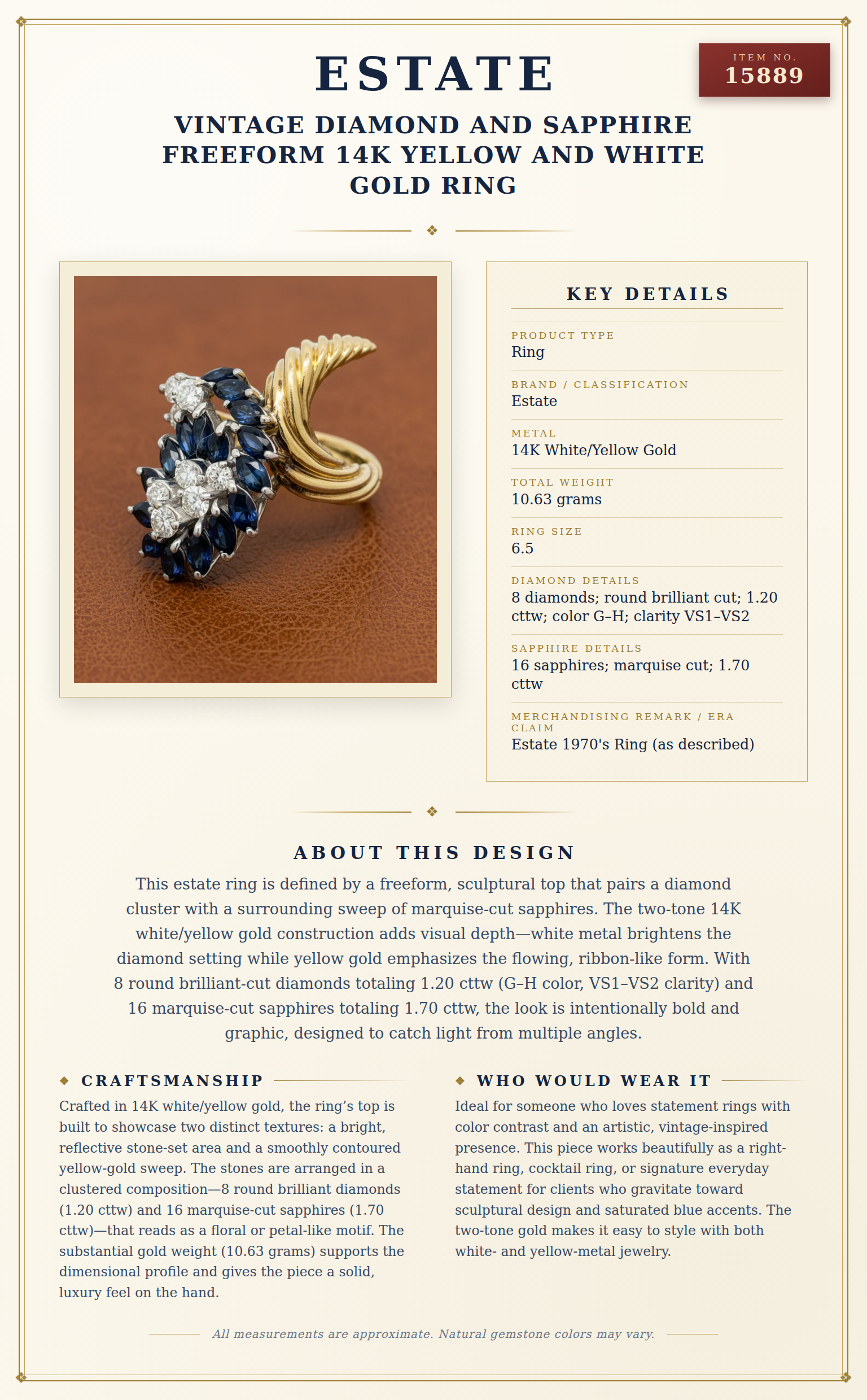 Vintage Diamond and Sapphire Freeform 14k Yellow and White Gold Ring — anatomy card