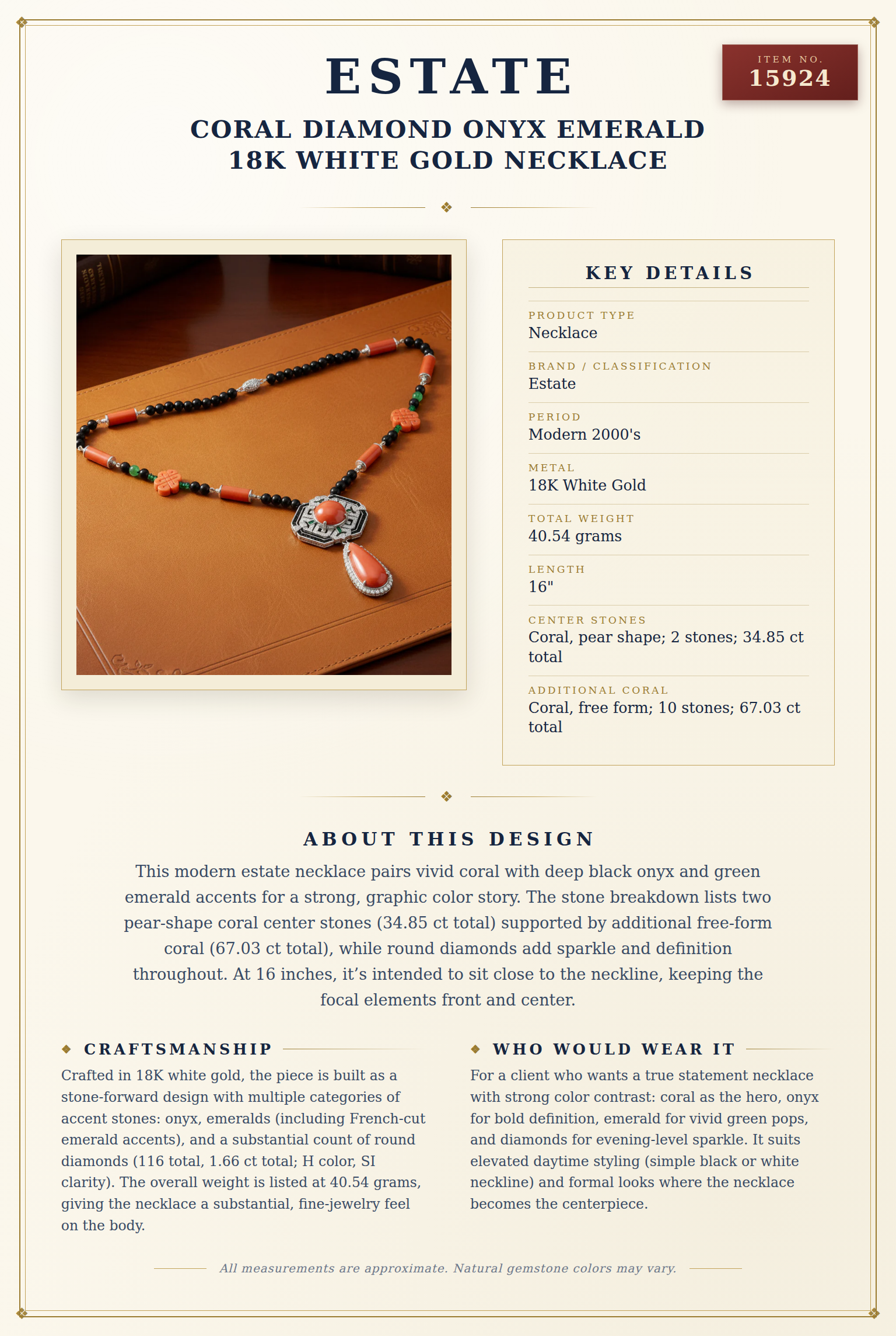 Coral Diamond Onyx Emerald 18k White Gold Necklace — anatomy card