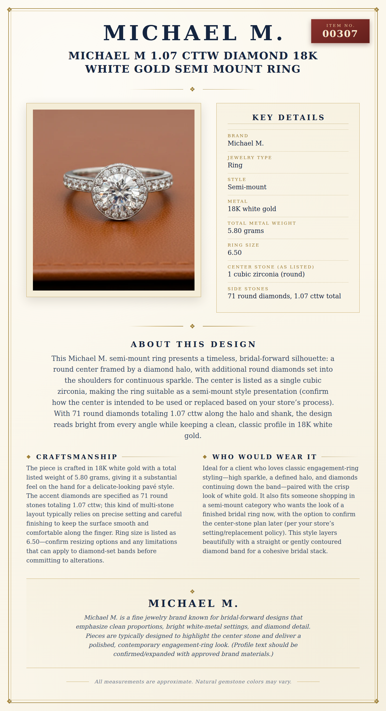 Michael M 1.07 cttw Diamond 18K White Gold Semi Mount Ring — anatomy card