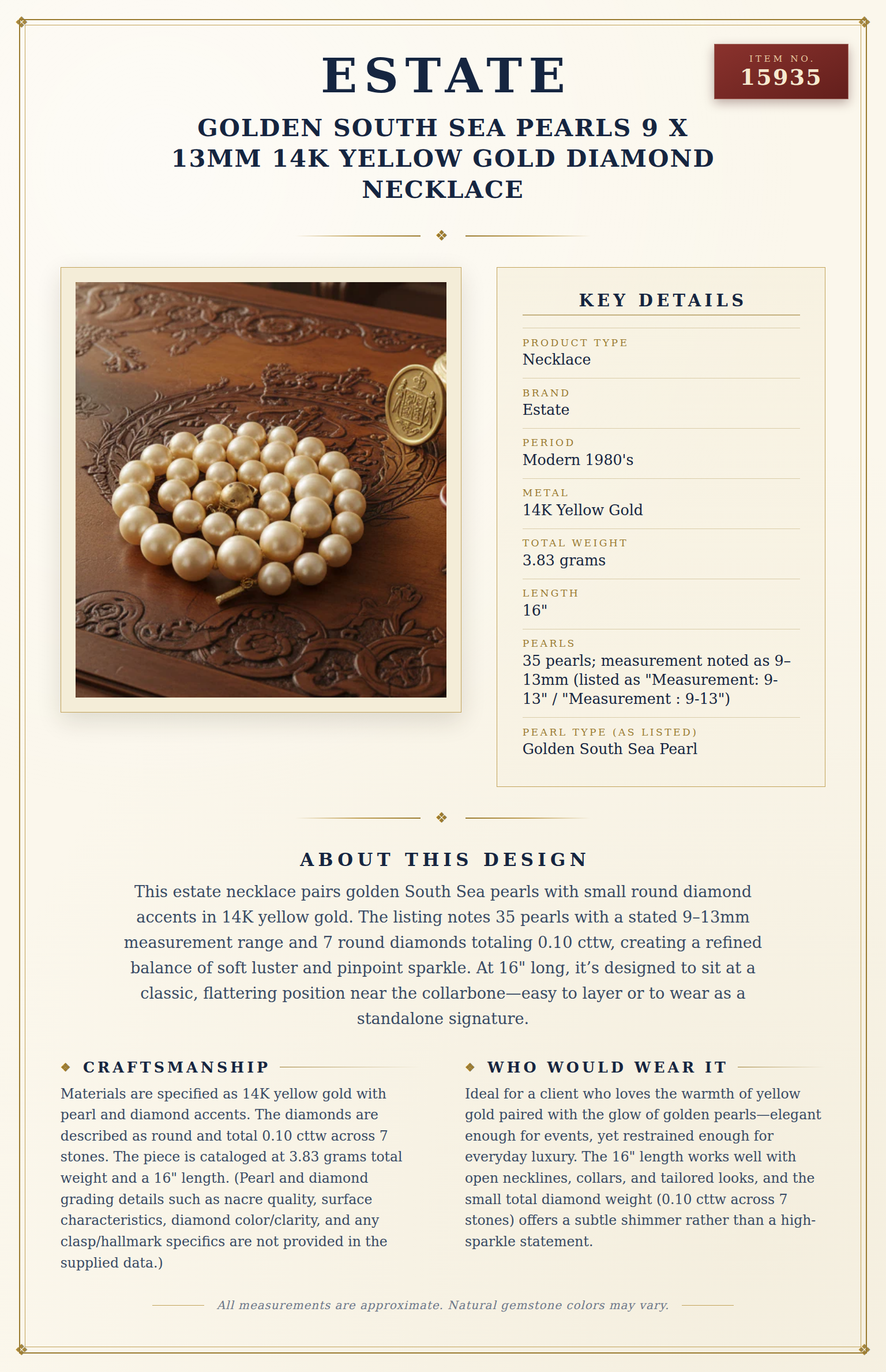 Golden South Sea Pearls 9 x 13mm 14k Yellow Gold Diamond Necklace — anatomy card
