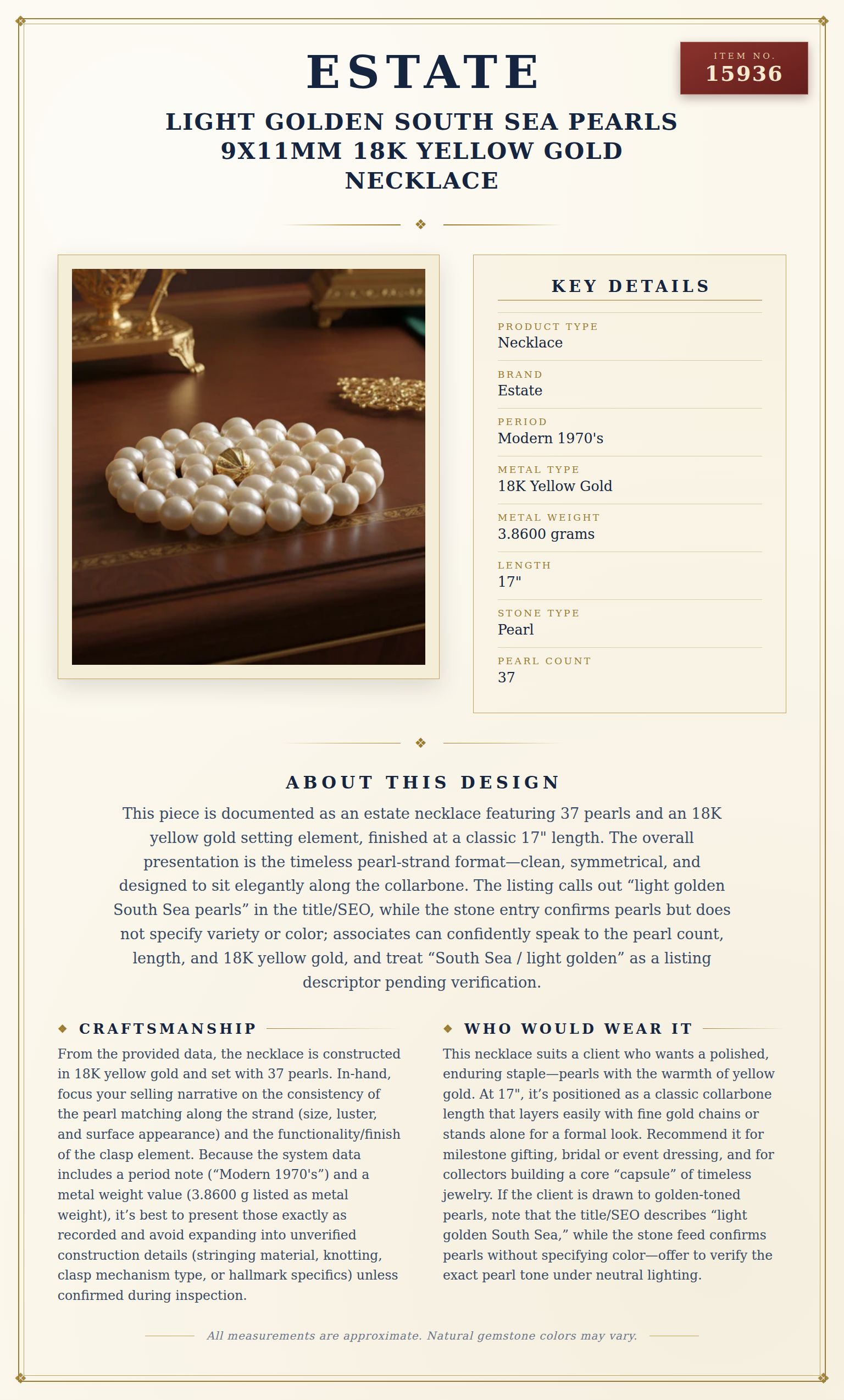 Light Golden South Sea Pearls 9x11mm 18K Yellow Gold Necklace — anatomy card