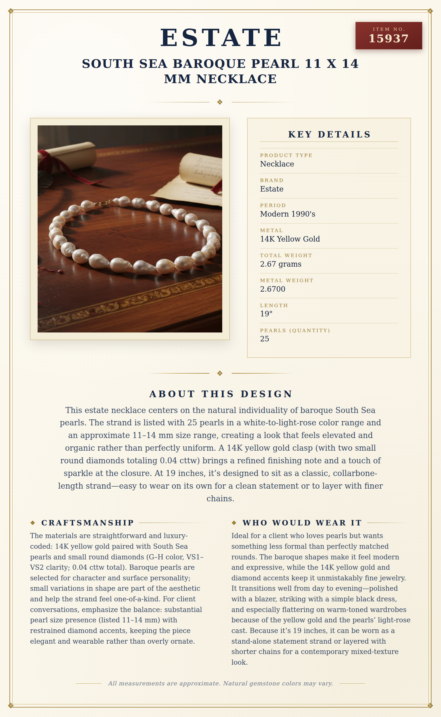 Estate South Sea Baroque Pearl 11 x 14 mm Necklace — anatomy card