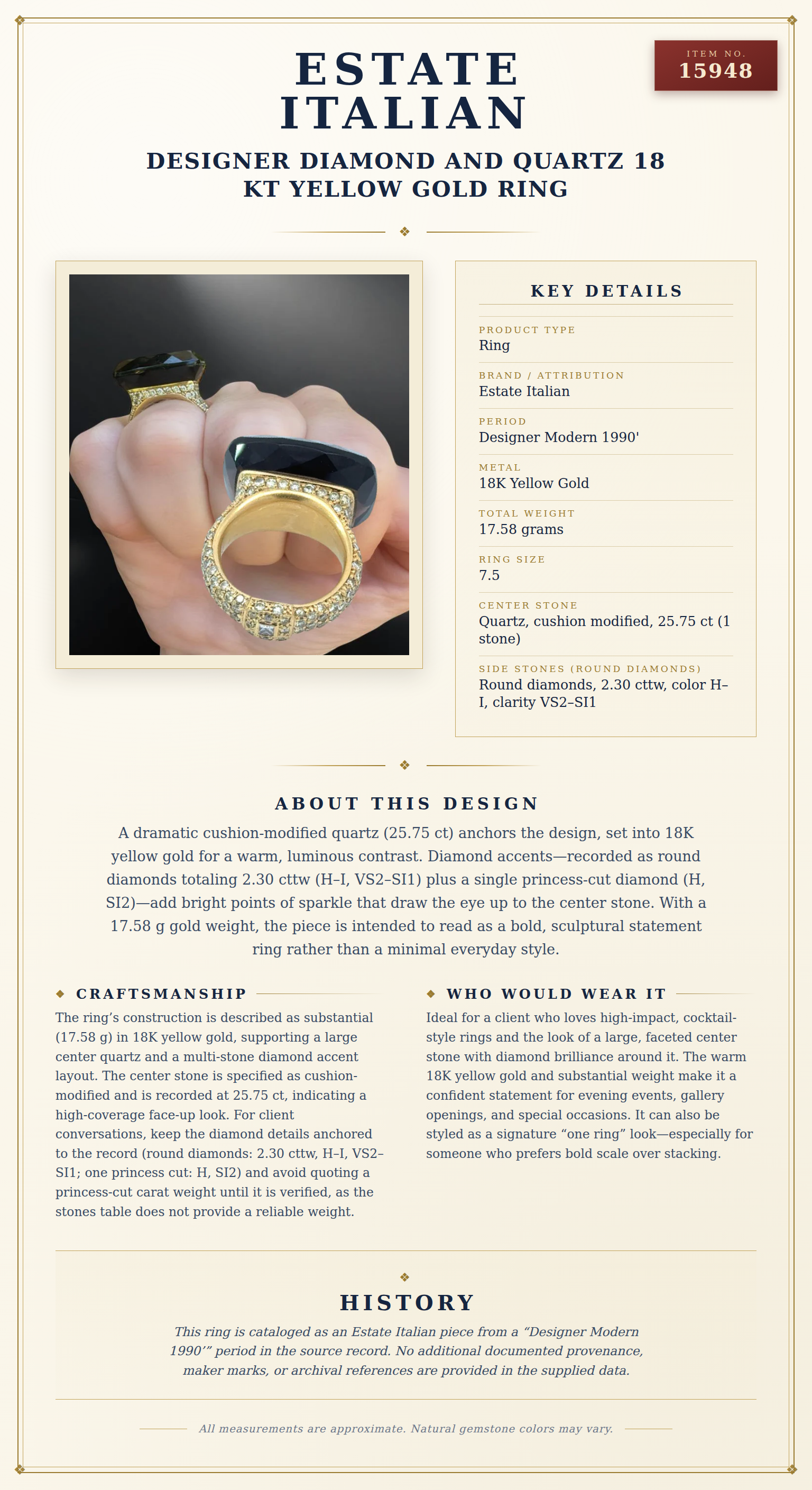 Designer Diamond and Quartz 18 Kt Yellow Gold Ring — anatomy card