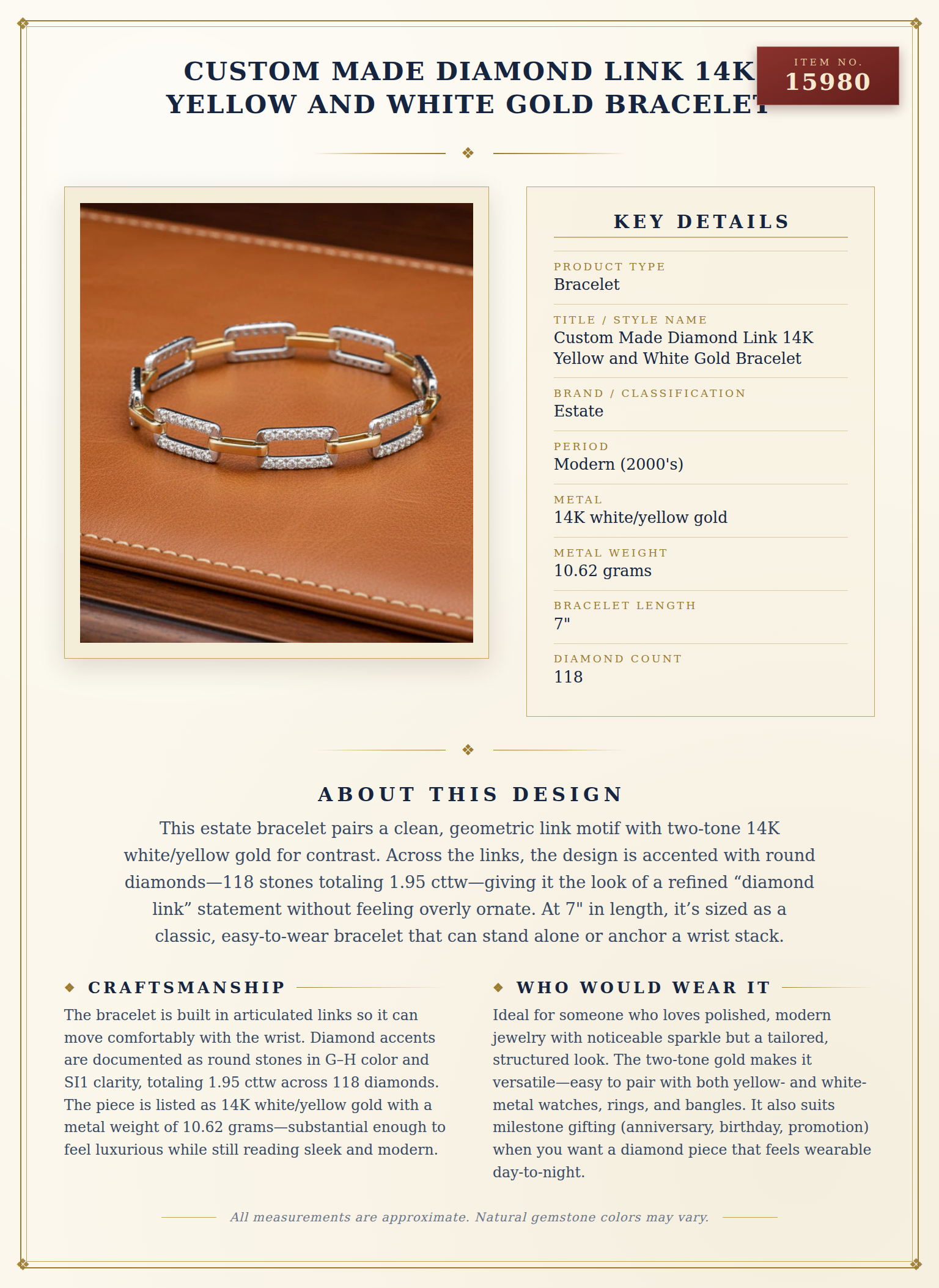 Custom Made Diamond Link 14K Yellow and White Gold Bracelet — anatomy card