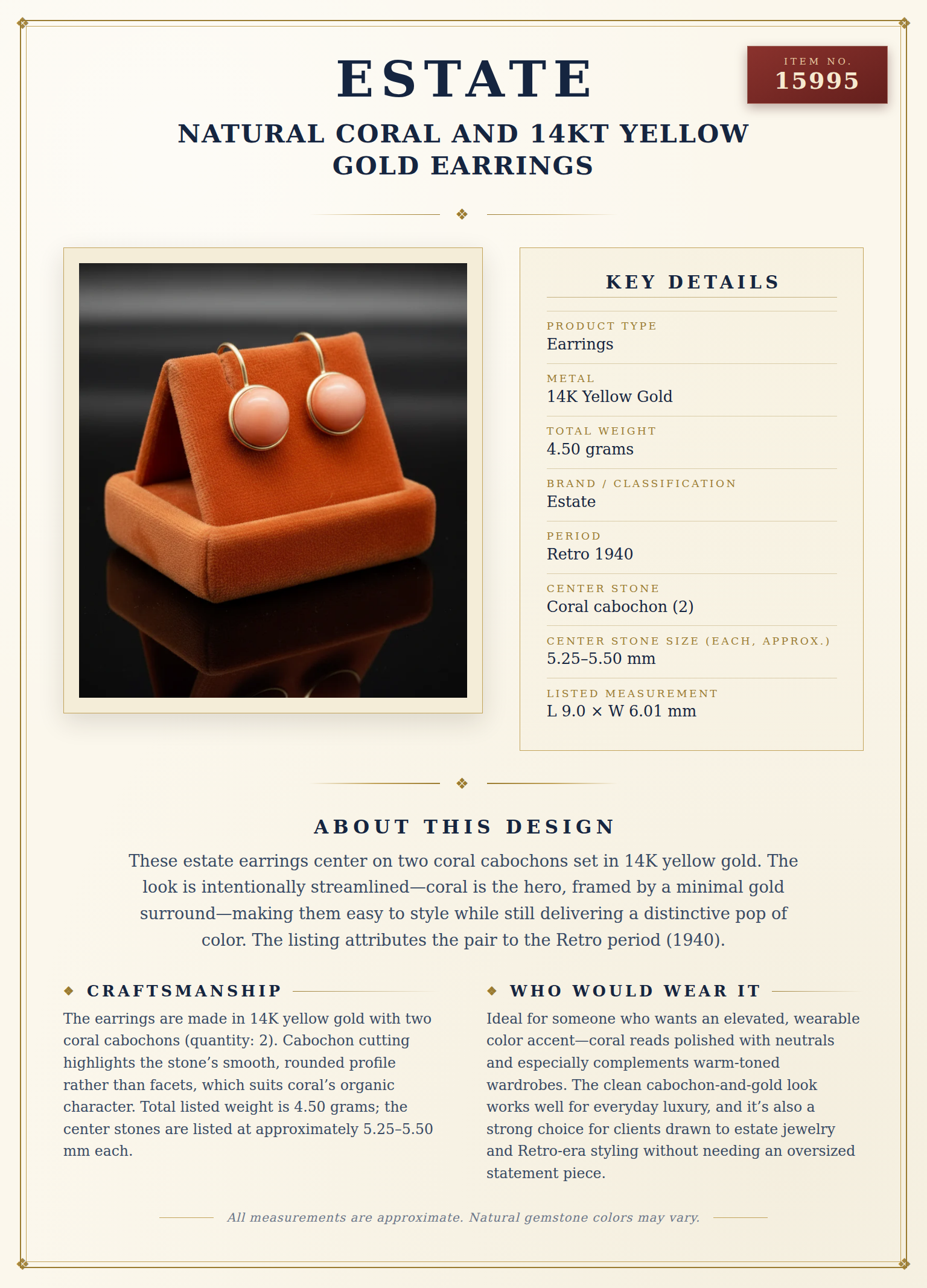 Natural Coral and 14Kt Yellow Gold Earrings — anatomy card