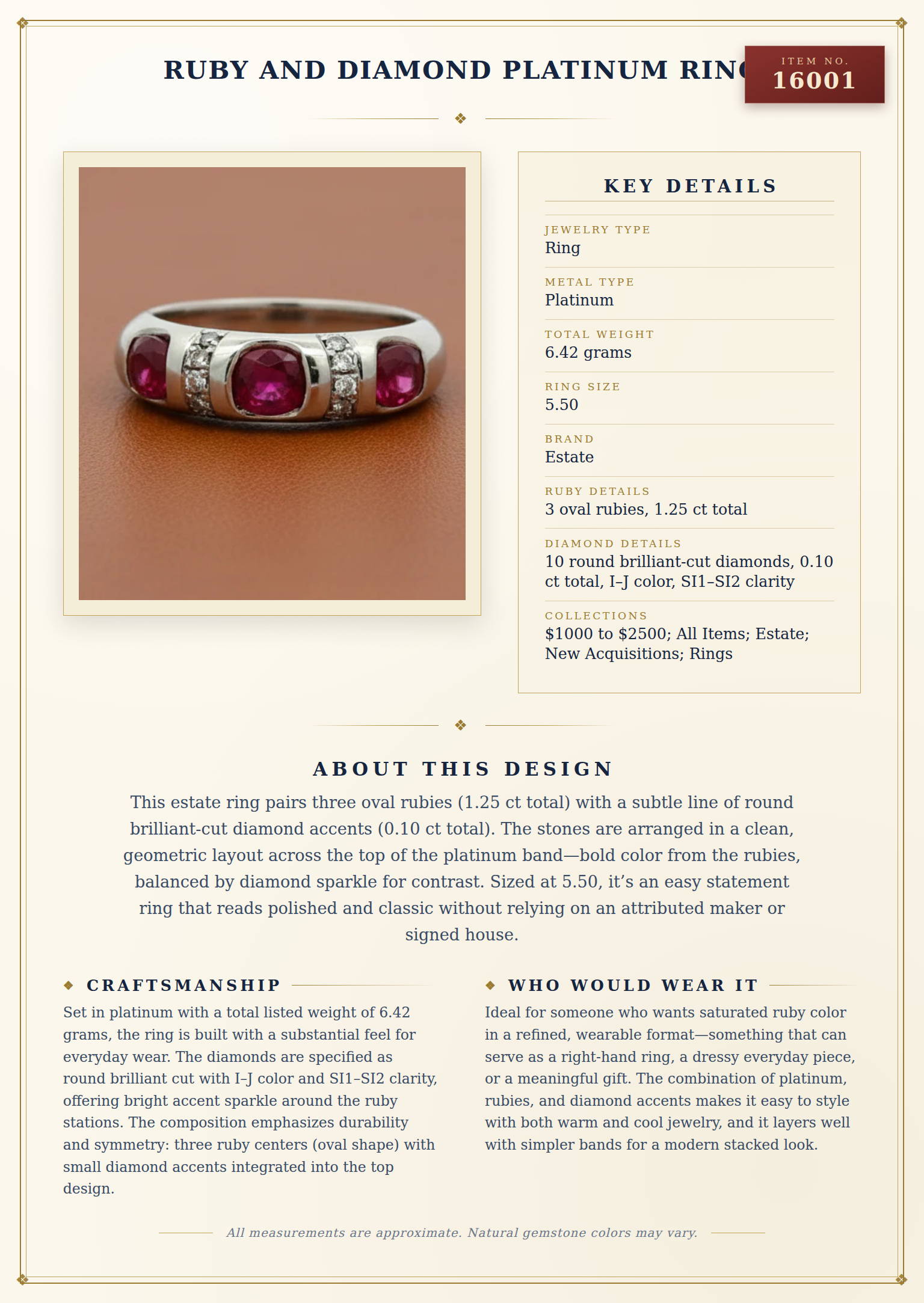 Ruby and Diamond Platinum Ring — anatomy card