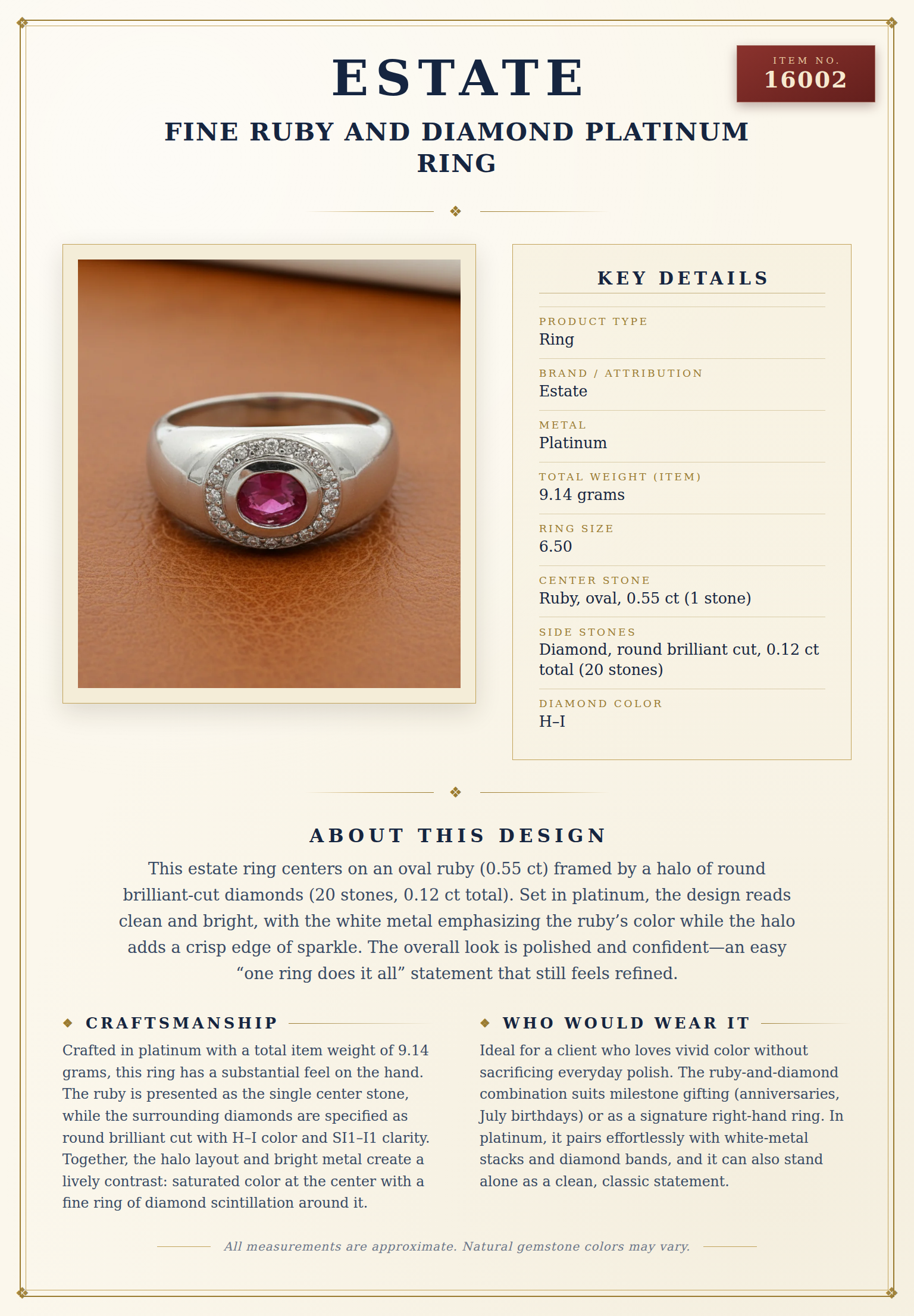 Fine Ruby and Diamond Platinum Ring — anatomy card