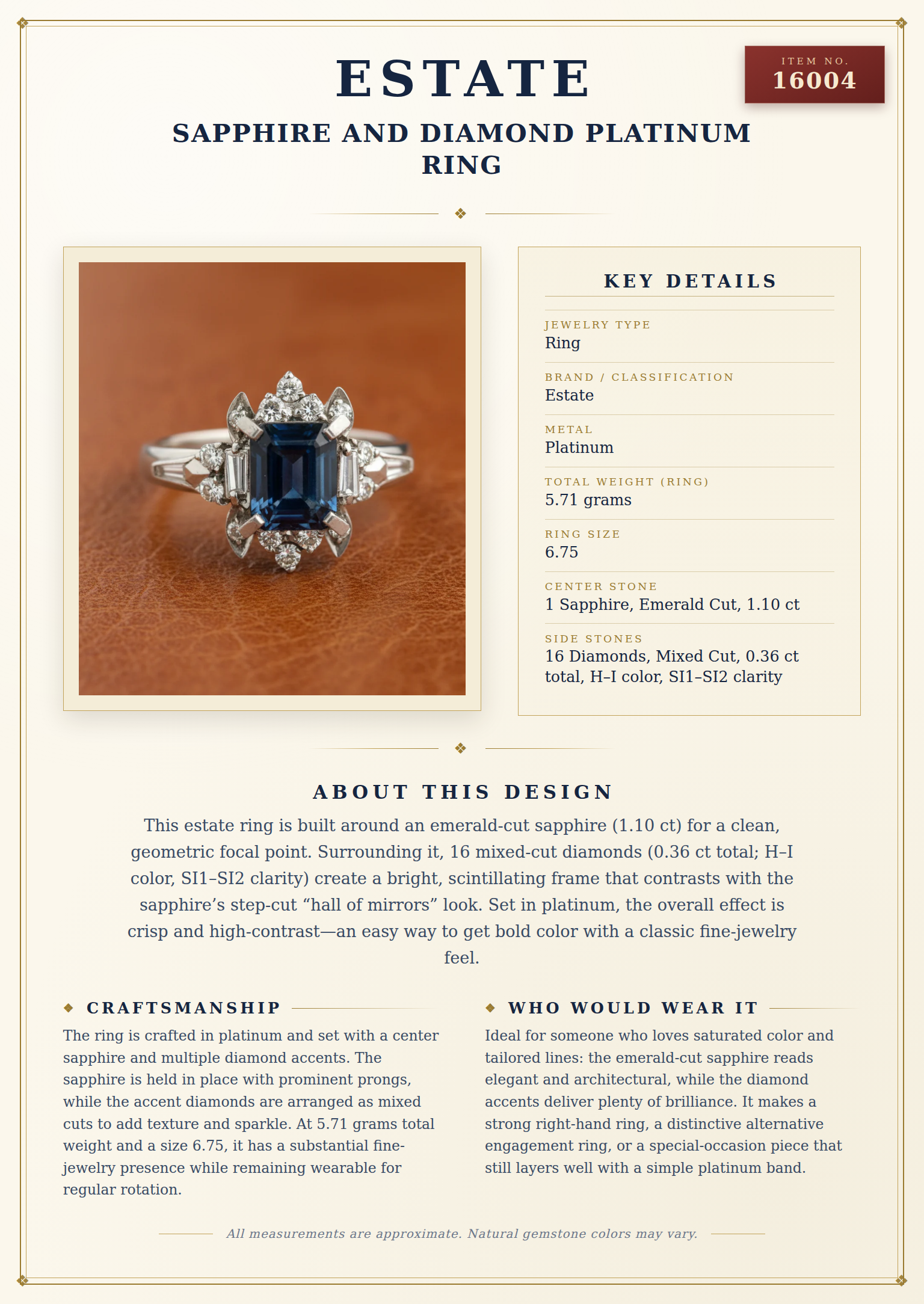 Sapphire and Diamond Platinum Ring — anatomy card