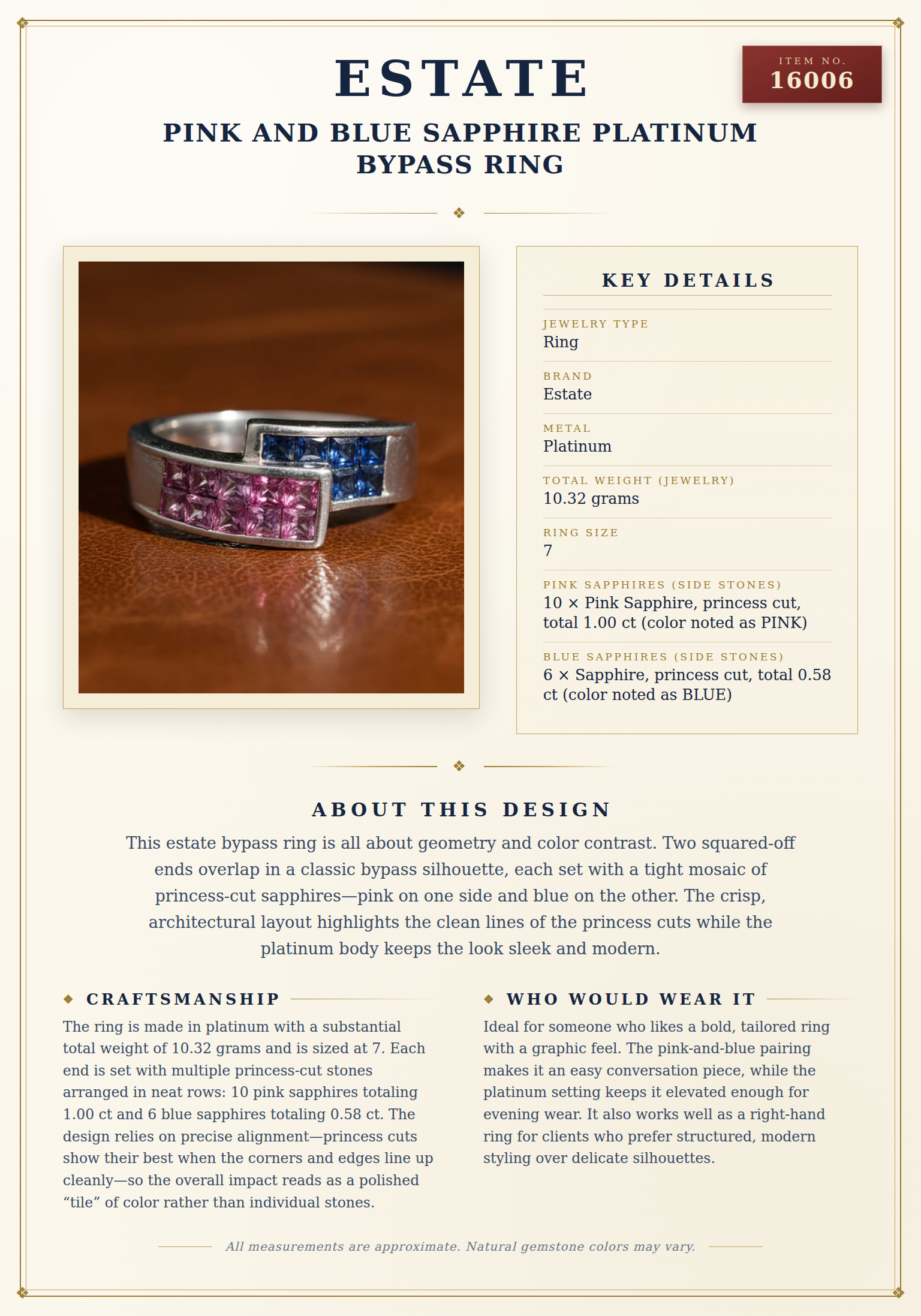 Pink and Blue Sapphire Platinum Bypass Ring — anatomy card