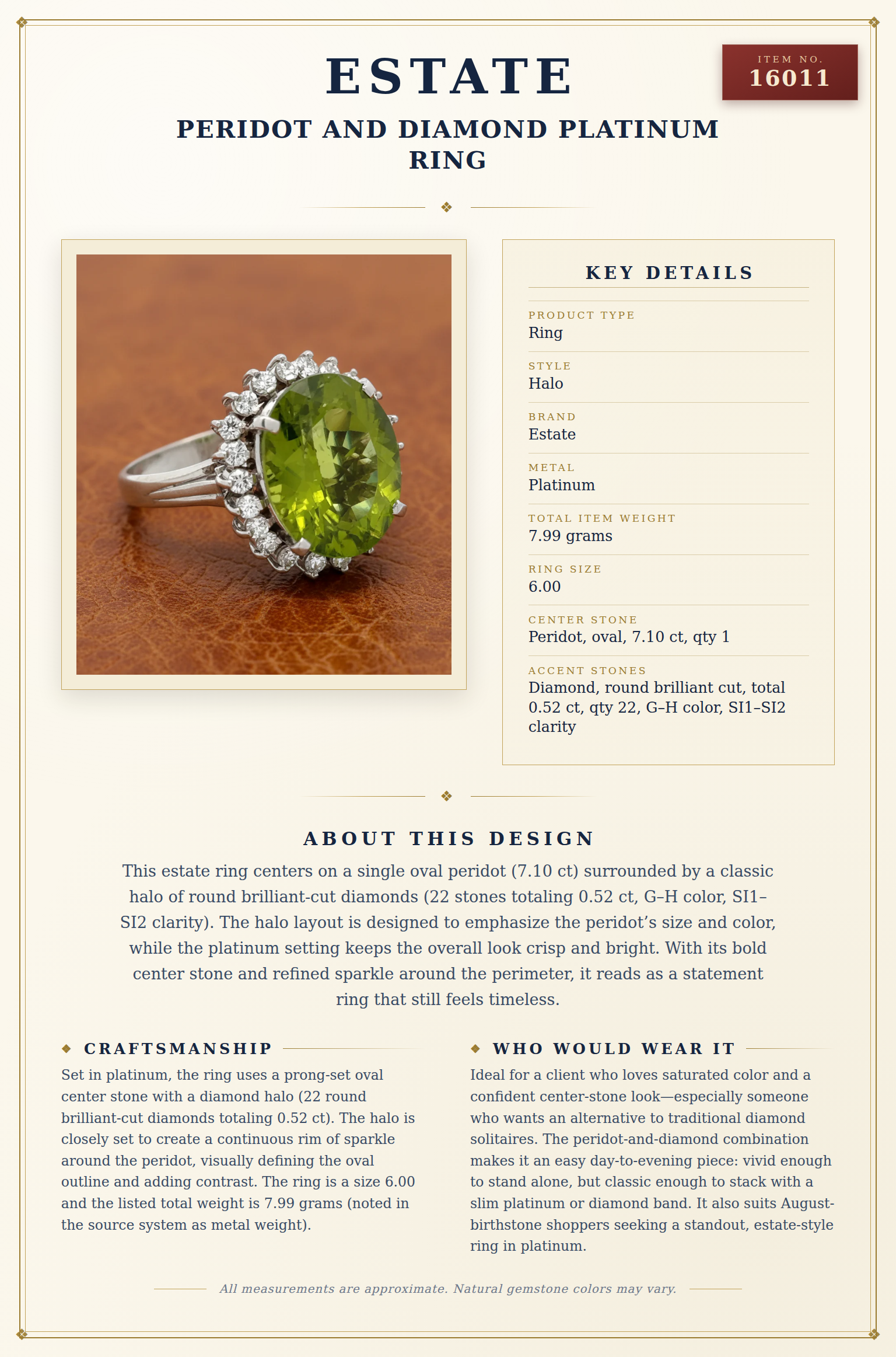 Peridot and Diamond Platinum Ring — anatomy card