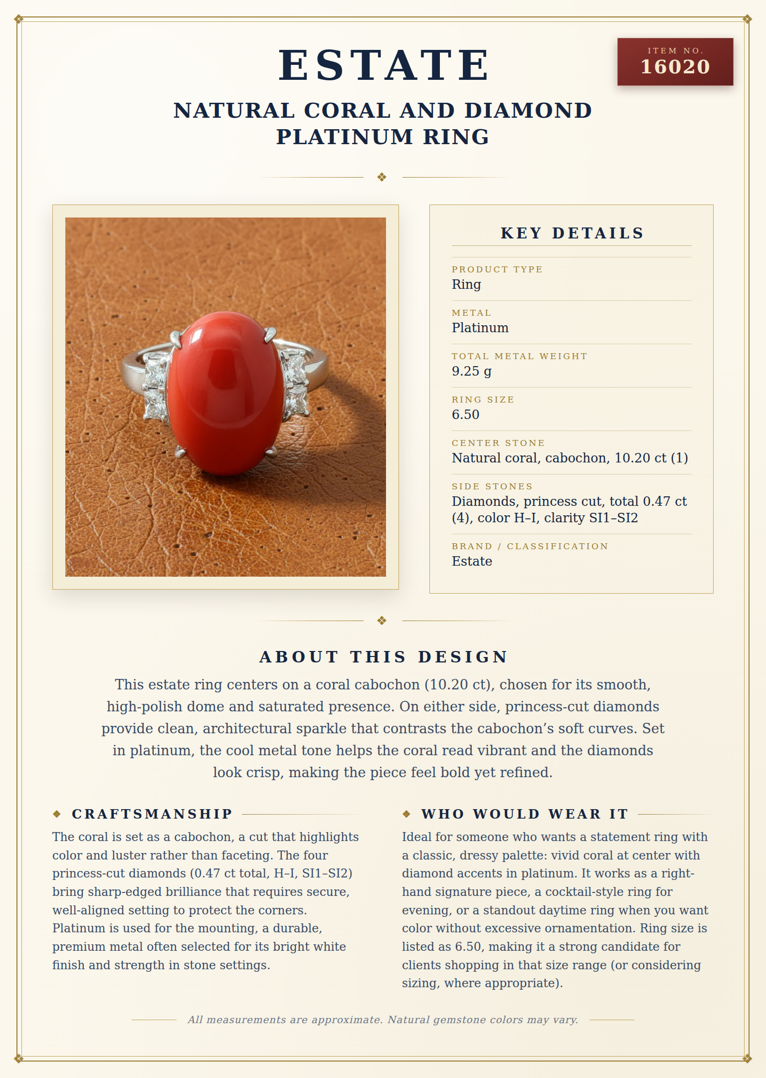Natural Coral and Diamond Platinum Ring — anatomy card