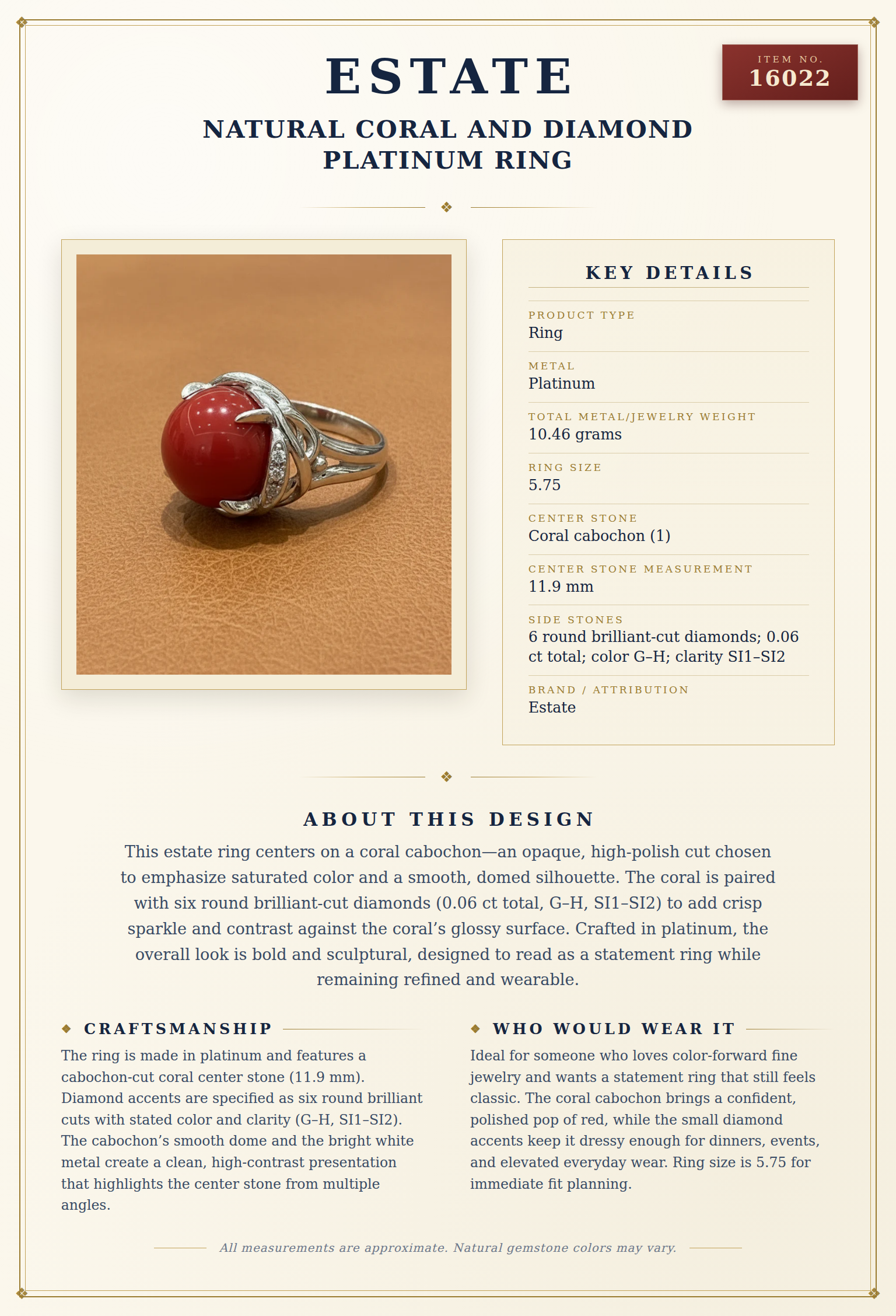Natural Coral and Diamond Platinum Ring — anatomy card
