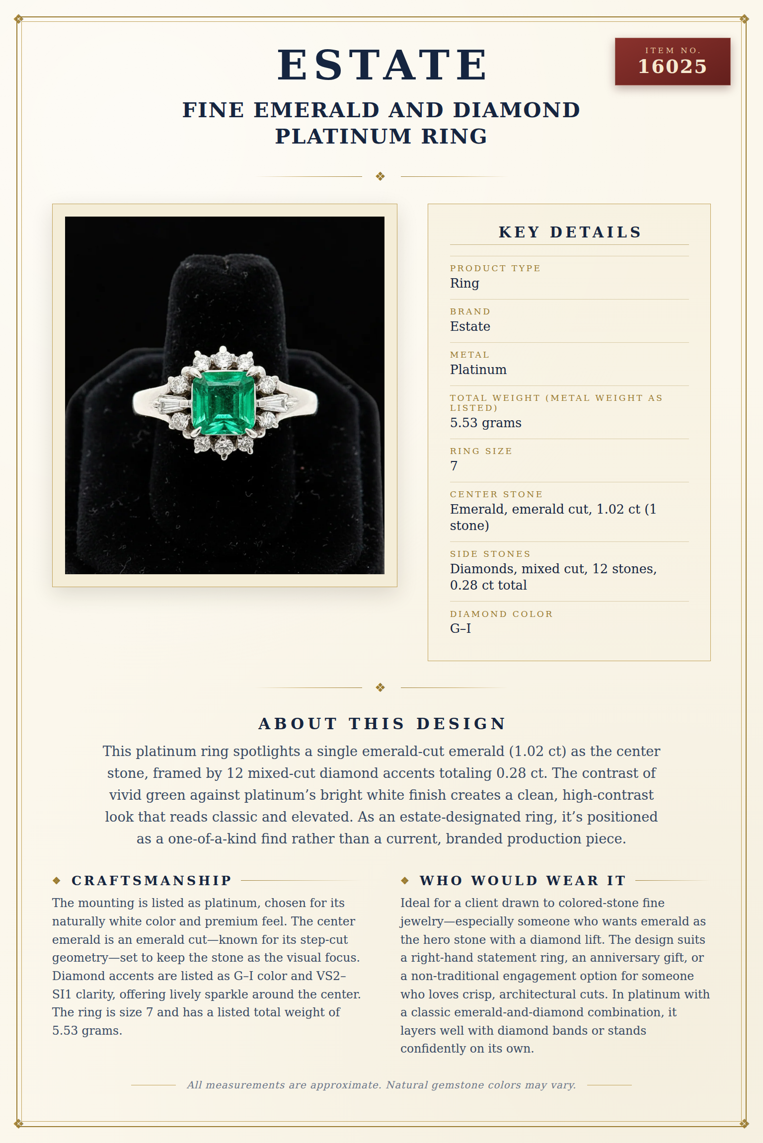 Fine Emerald and Diamond Platinum Ring — anatomy card