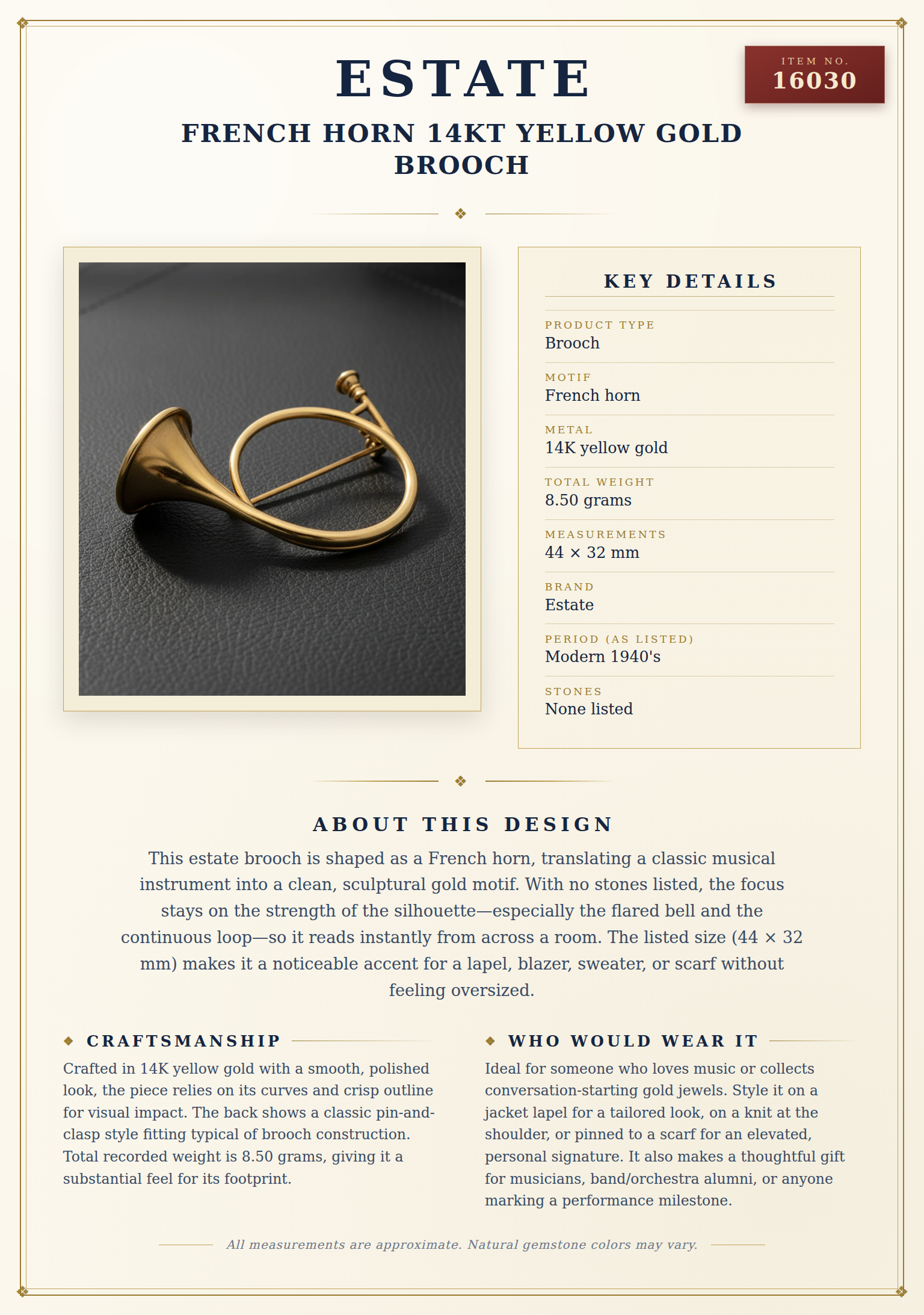 French Horn 14kt Yellow Gold Brooch — anatomy card