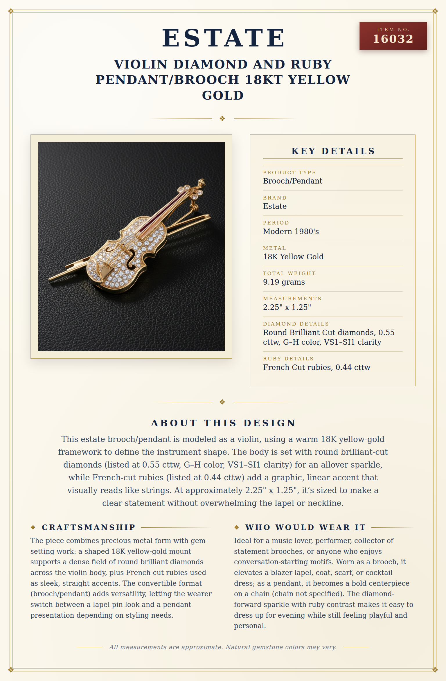Violin Diamond and Ruby Pendant/Brooch 18kt Yellow Gold — anatomy card