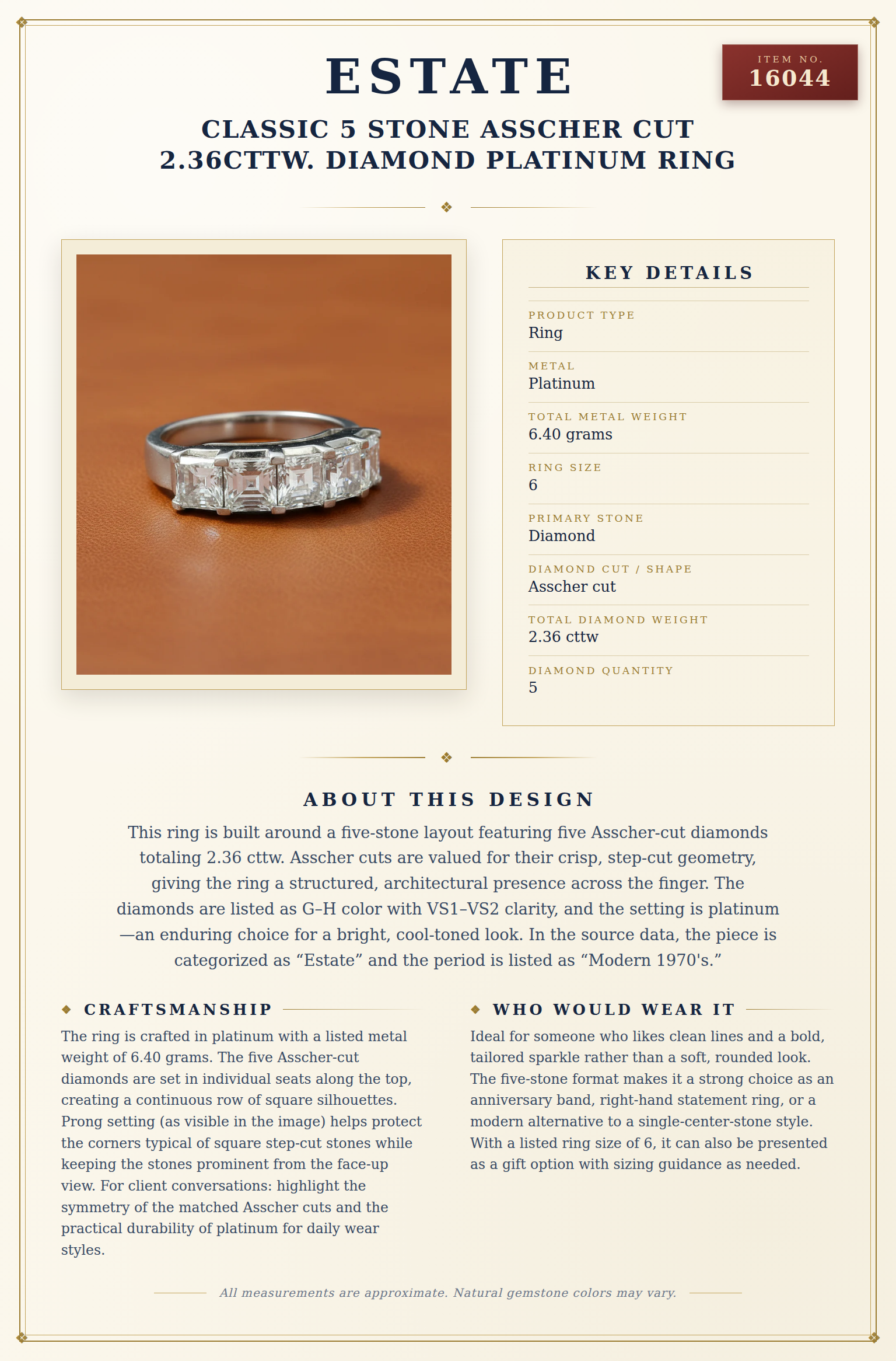 Classic 5 Stone Asscher Cut 2.36cttw. Diamond Platinum Ring — anatomy card