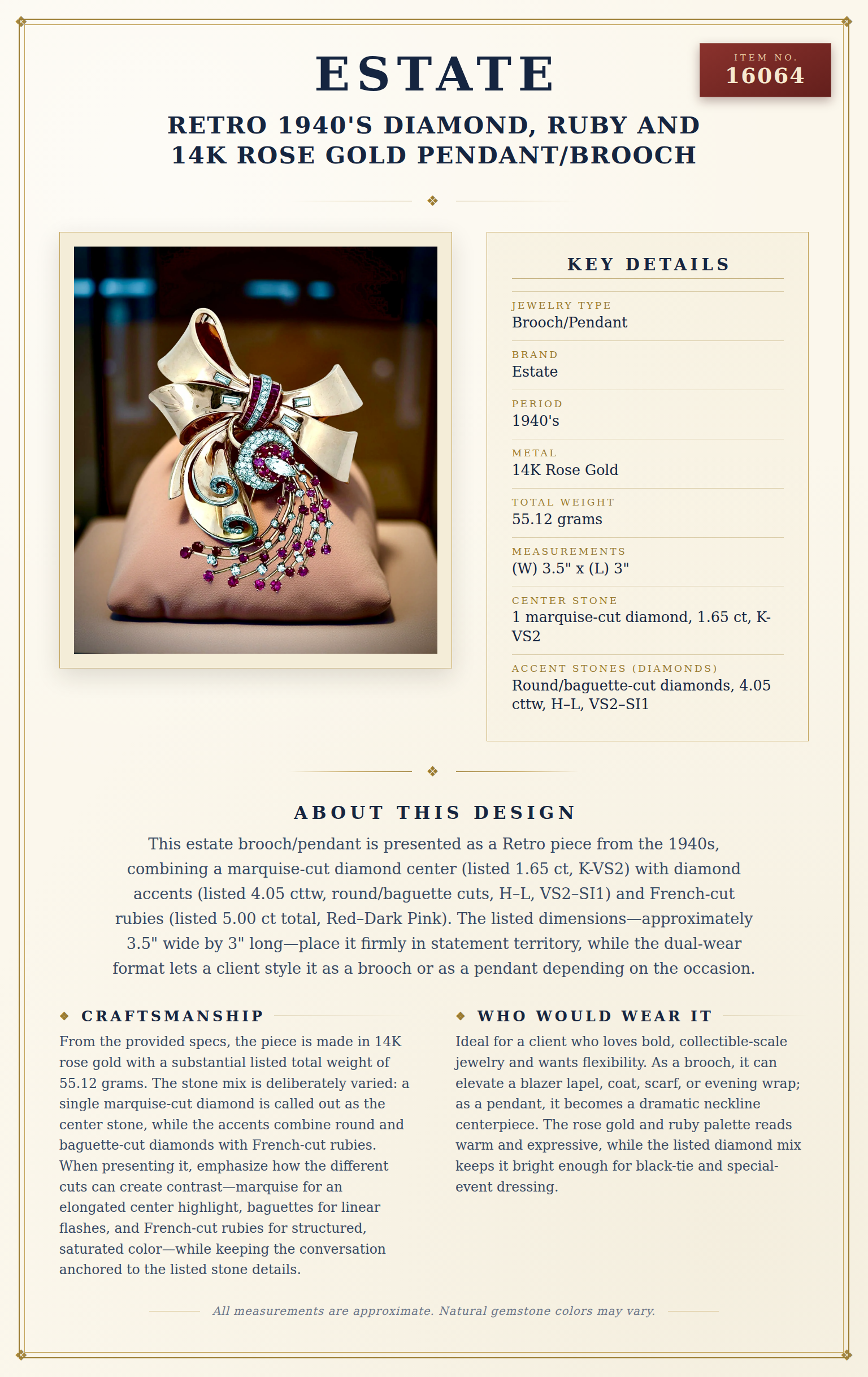 Retro 1940's Diamond, Ruby and 14k Rose Gold Pendant/Brooch — anatomy card