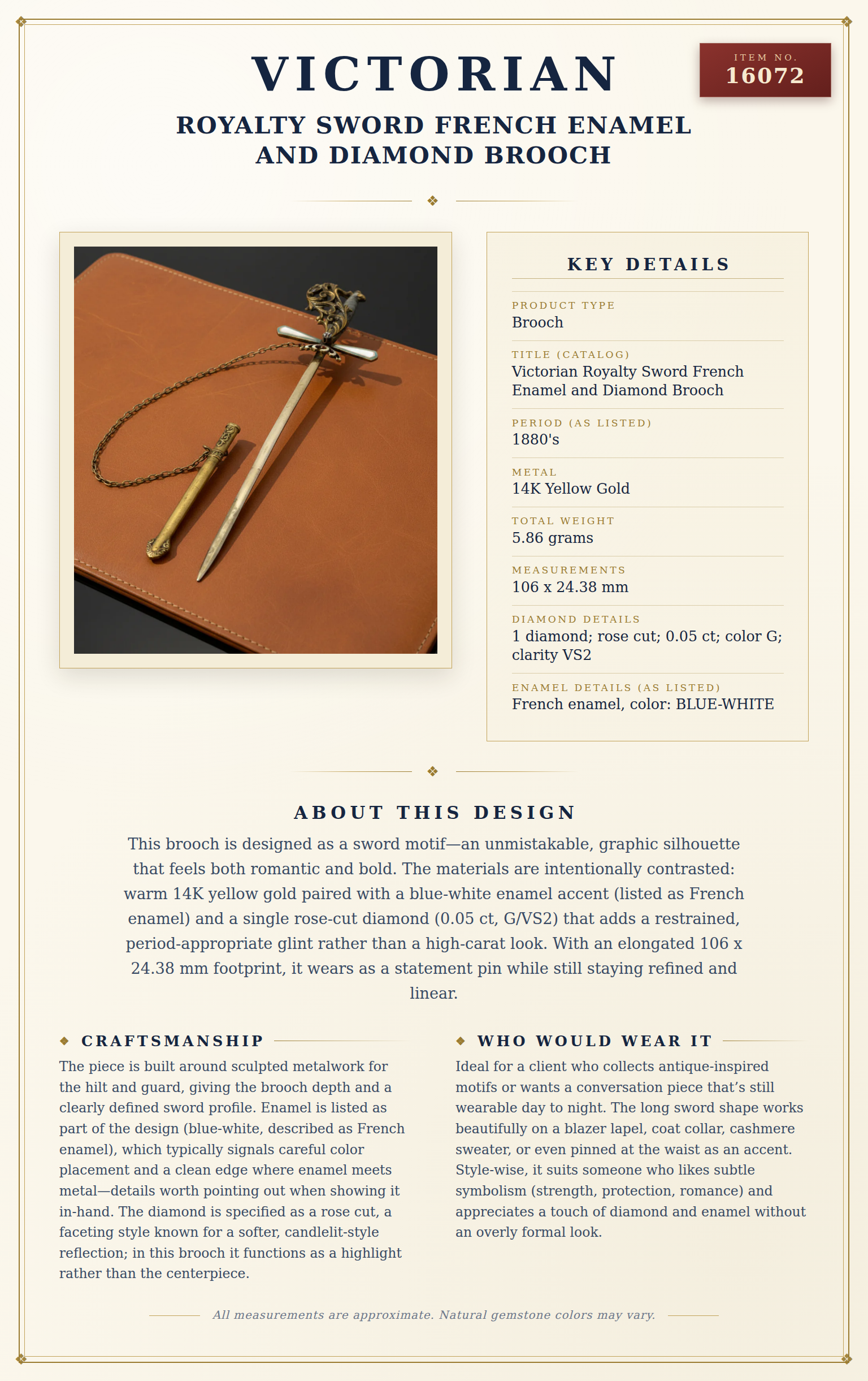 Victorian Royalty Sword French Enamel and Diamond Brooch — anatomy card