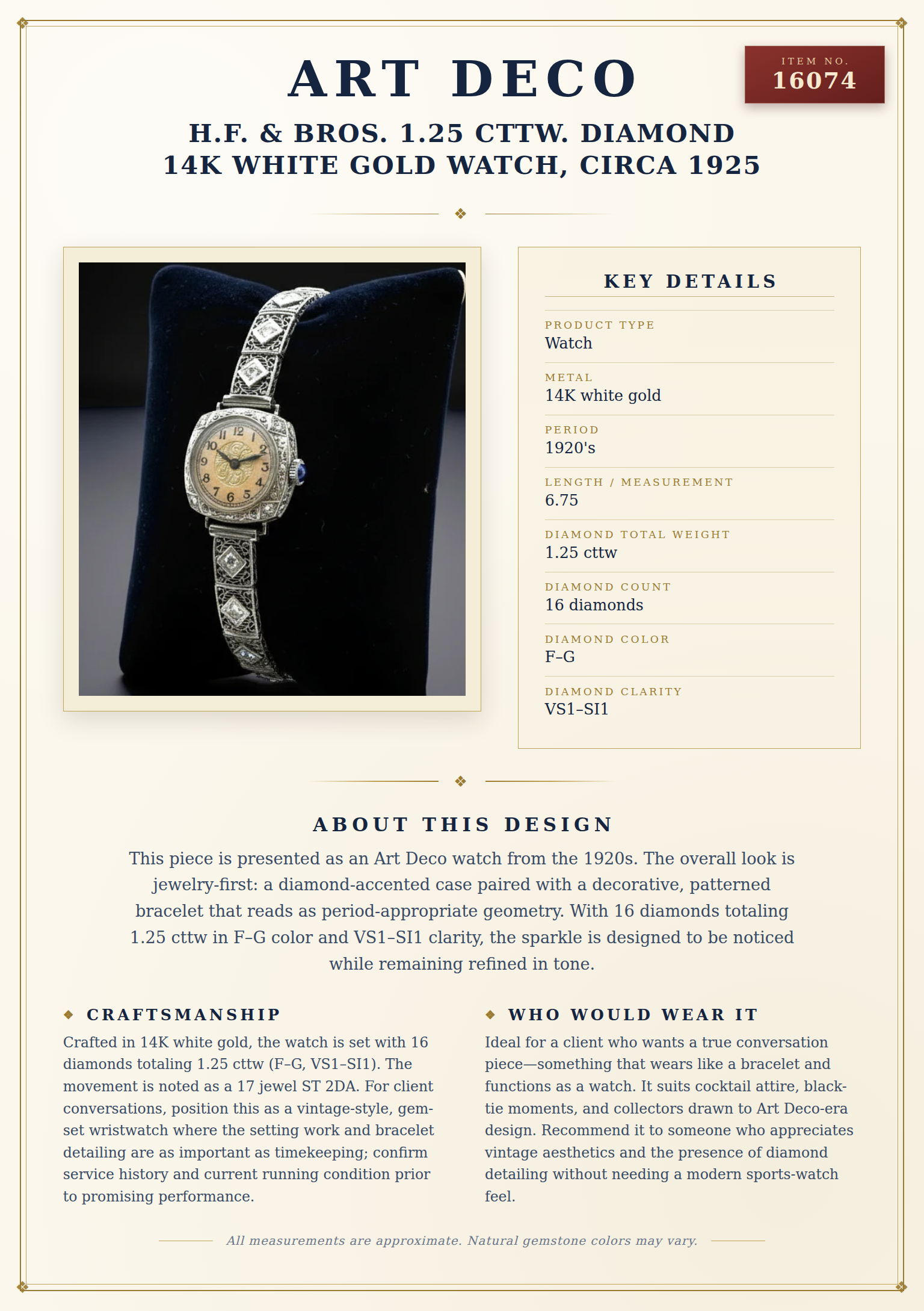 Art Deco  H.F. & Bros. 1.25 cttw. Diamond 14K White Gold Watch, Circa 1925 — anatomy card