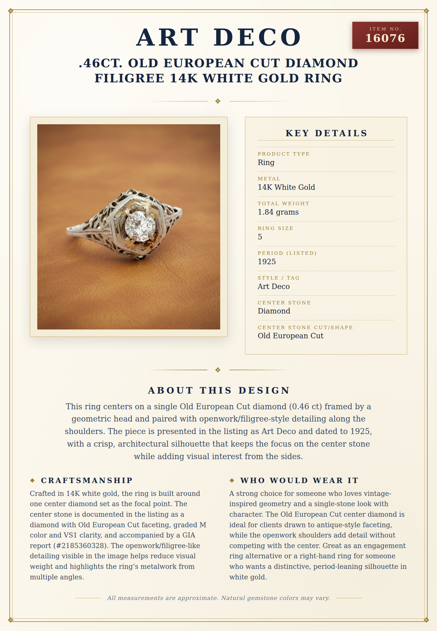 Art Deco .46ct. Old European Cut Diamond Filigree 14k White Gold Ring — anatomy card