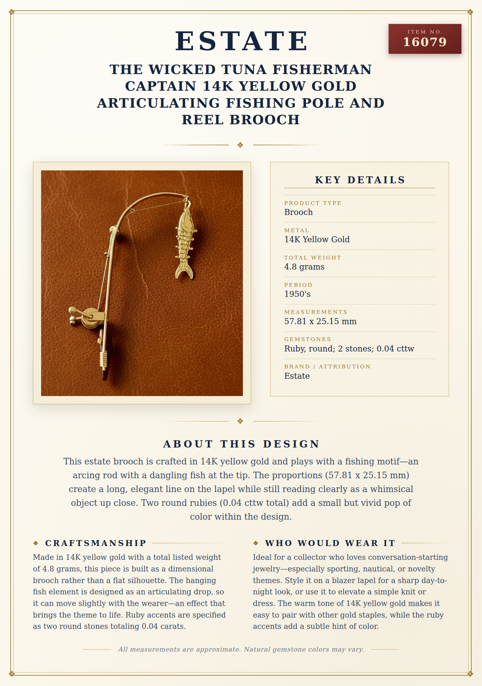 THe Wicked Tuna Fisherman Captain 14k Yellow Gold Articulating Fishing Pole and Reel Brooch — anatomy card