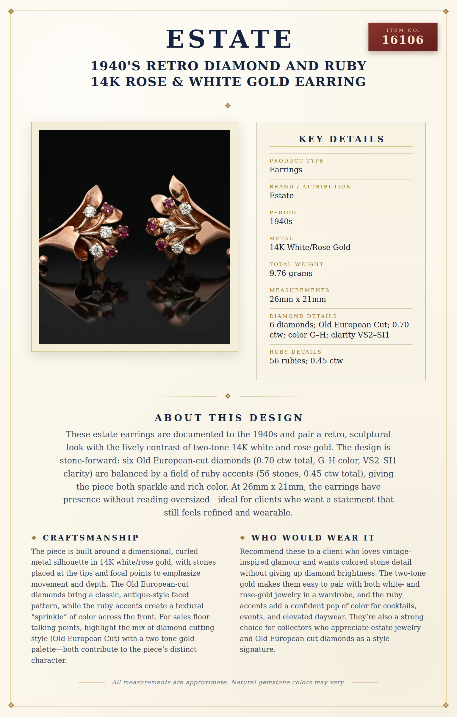 1940's Retro Diamond and Ruby 14k Rose & White Gold Earring — anatomy card